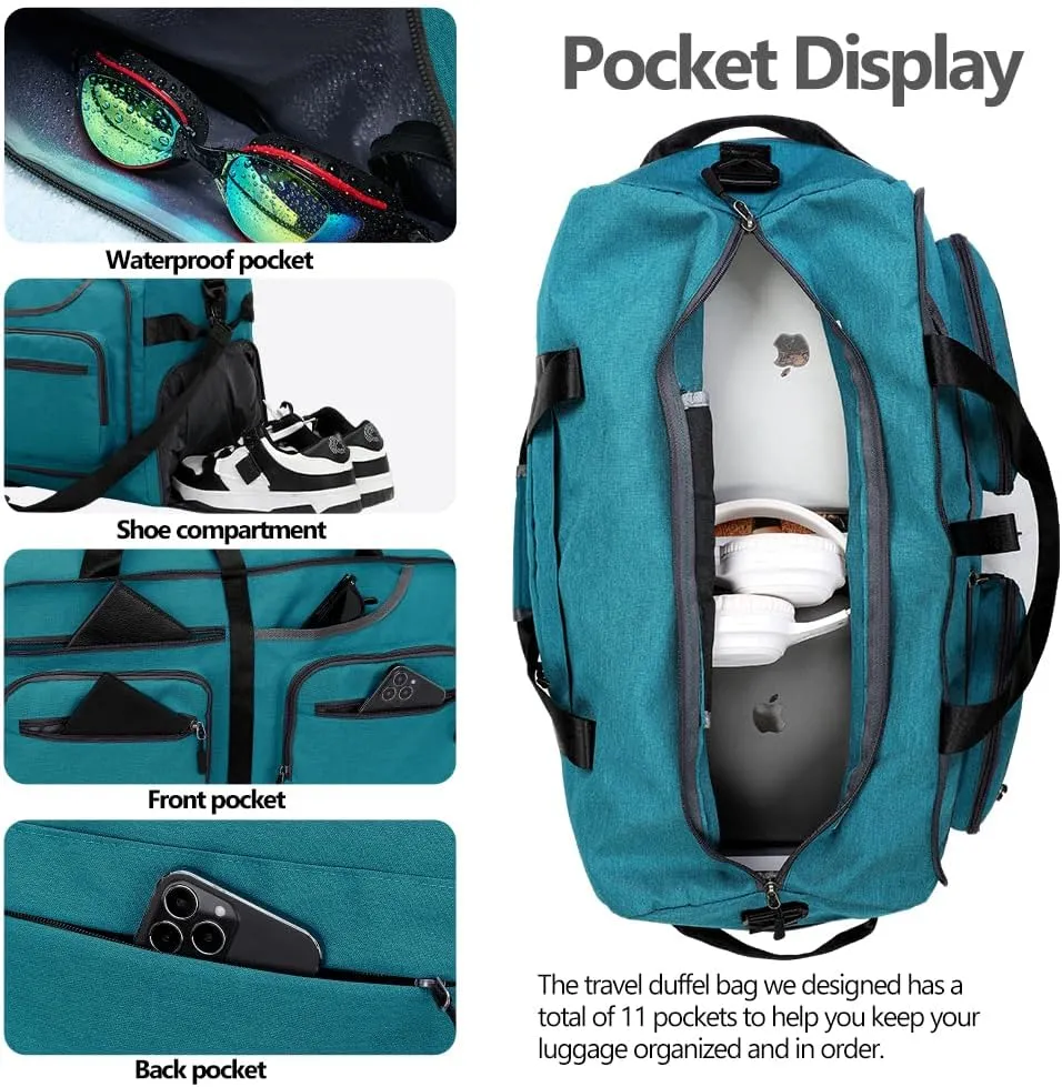 Travel Duffel Bag, 65L Foldable Travel Duffle Bag with Shoes Compartment and wet pocket, Waterproof & Tear Resistant (A8-Green, 65L)