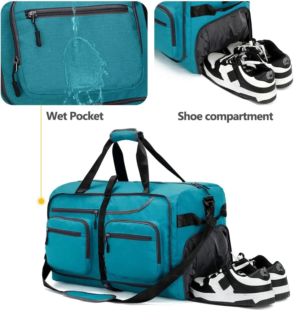 Travel Duffel Bag, 65L Foldable Travel Duffle Bag with Shoes Compartment and wet pocket, Waterproof & Tear Resistant (A8-Green, 65L)