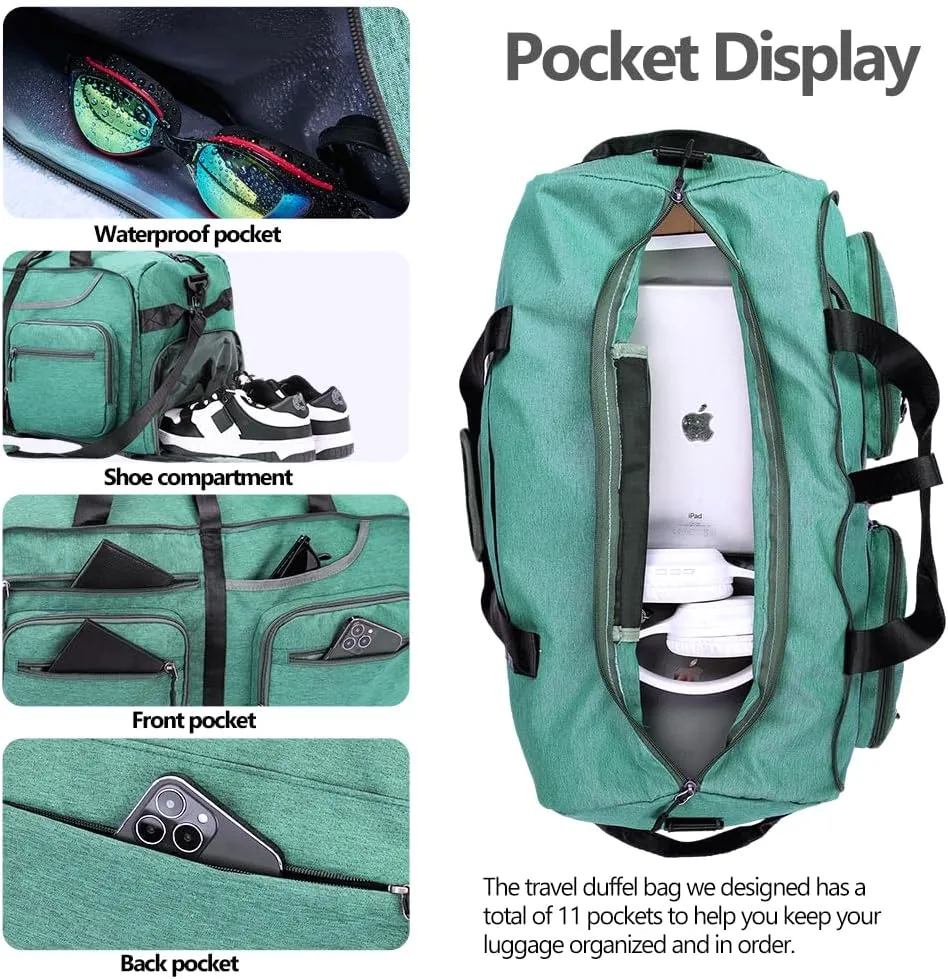Travel Duffel Bag, 65L Foldable Travel Duffle Bag with Shoes Compartment and wet pocket, Waterproof & Tear Resistant