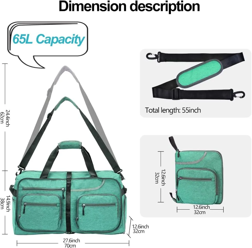 Travel Duffel Bag, 65L Foldable Travel Duffle Bag with Shoes Compartment and wet pocket, Waterproof & Tear Resistant