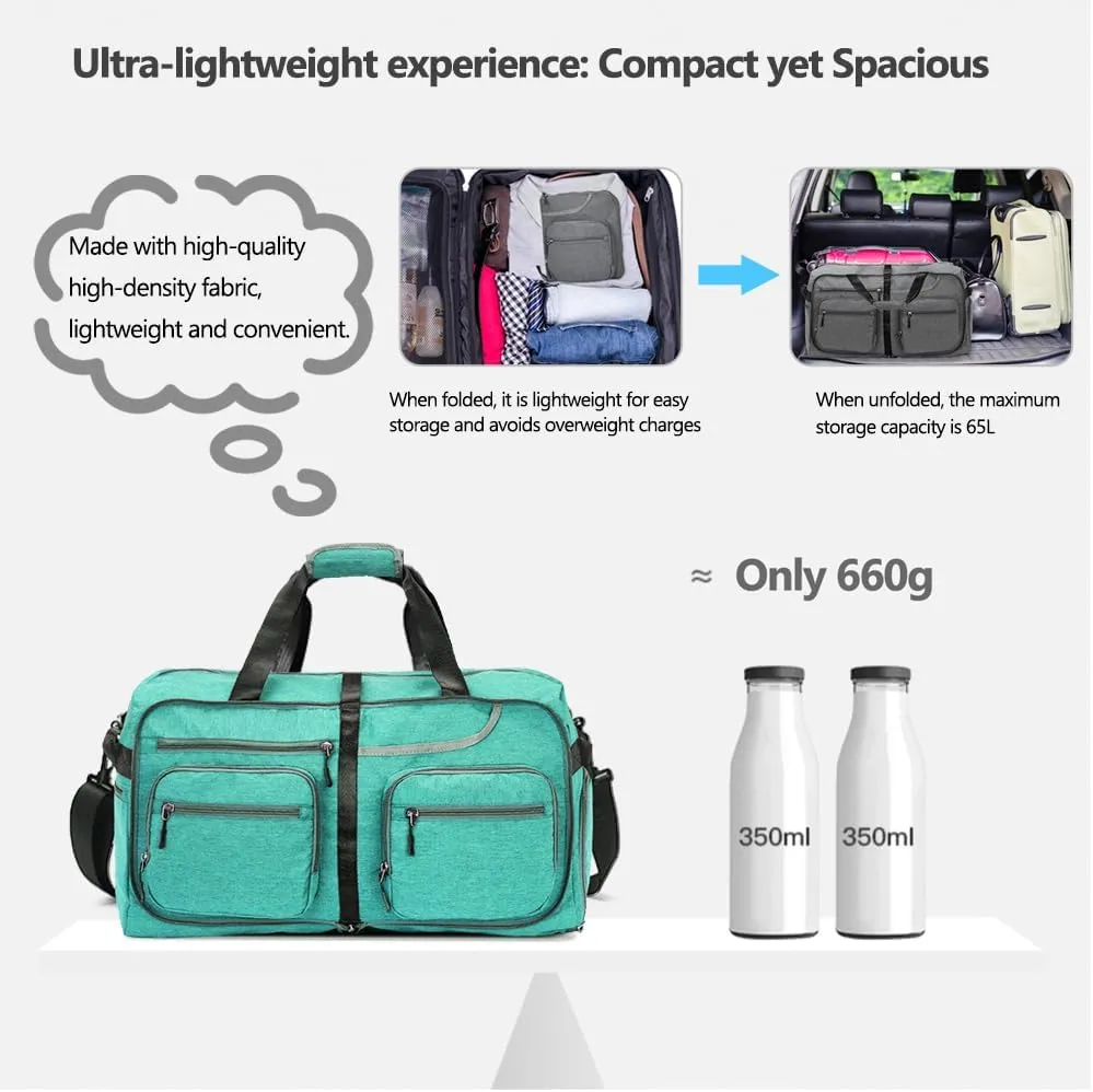 Travel Duffel Bag, 65L Foldable Travel Duffle Bag with Shoes Compartment and wet pocket, Waterproof & Tear Resistant