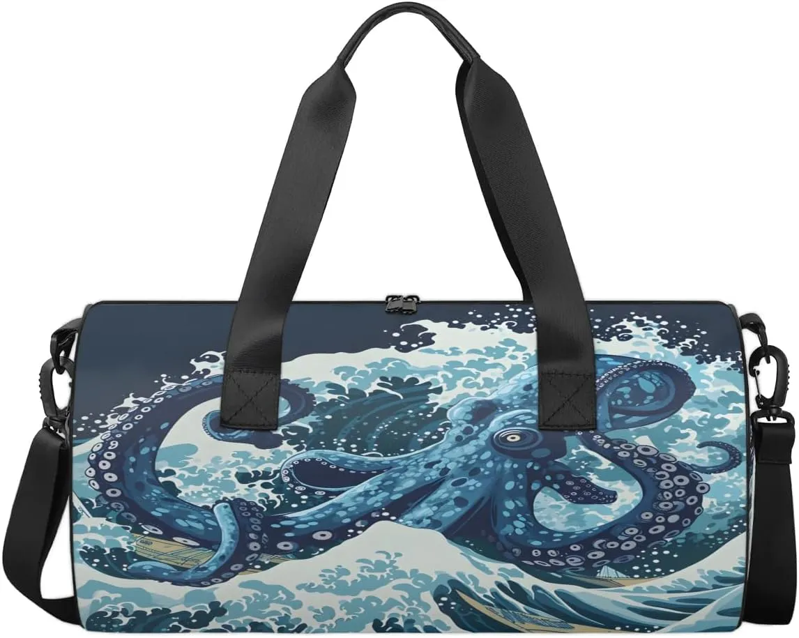 Travel Duffel Bag Big Wave Octopus Sports Gym Bag for Womens Mens, Waterproof Weekend Overnight Bag Lightweight Carry on Bag for Airplanes Yoga Dance Beach Swim Hospital Holdalls,A-981