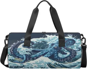 Travel Duffel Bag Big Wave Octopus Sports Gym Bag for Womens Mens, Waterproof Weekend Overnight Bag Lightweight Carry on Bag for Airplanes Yoga Dance Beach Swim Hospital Holdalls,A-981