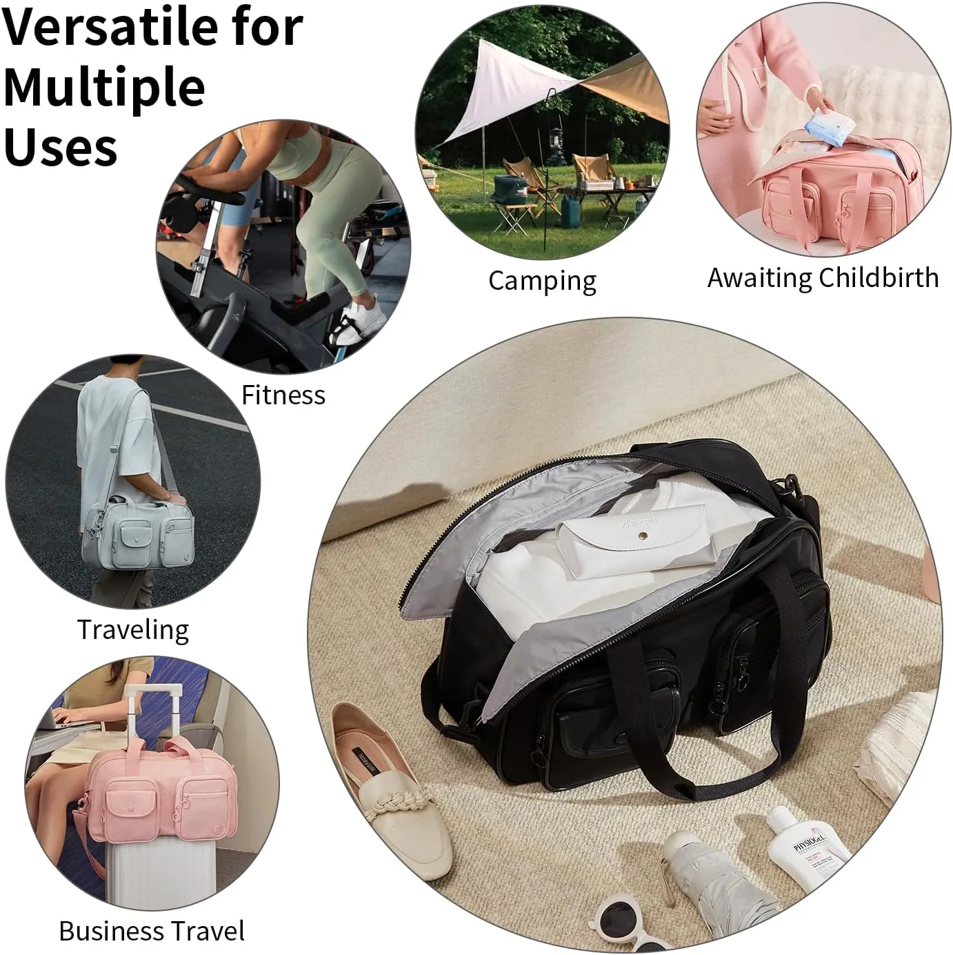 Travel Duffel Bag, Expandable Black Duffle Bag for Travel with Wet Pocket, Carry on Weekender Bags for Men Women, Large Capacity & Water Resistant Gym Duffel Bag Sport bag (Plus)
