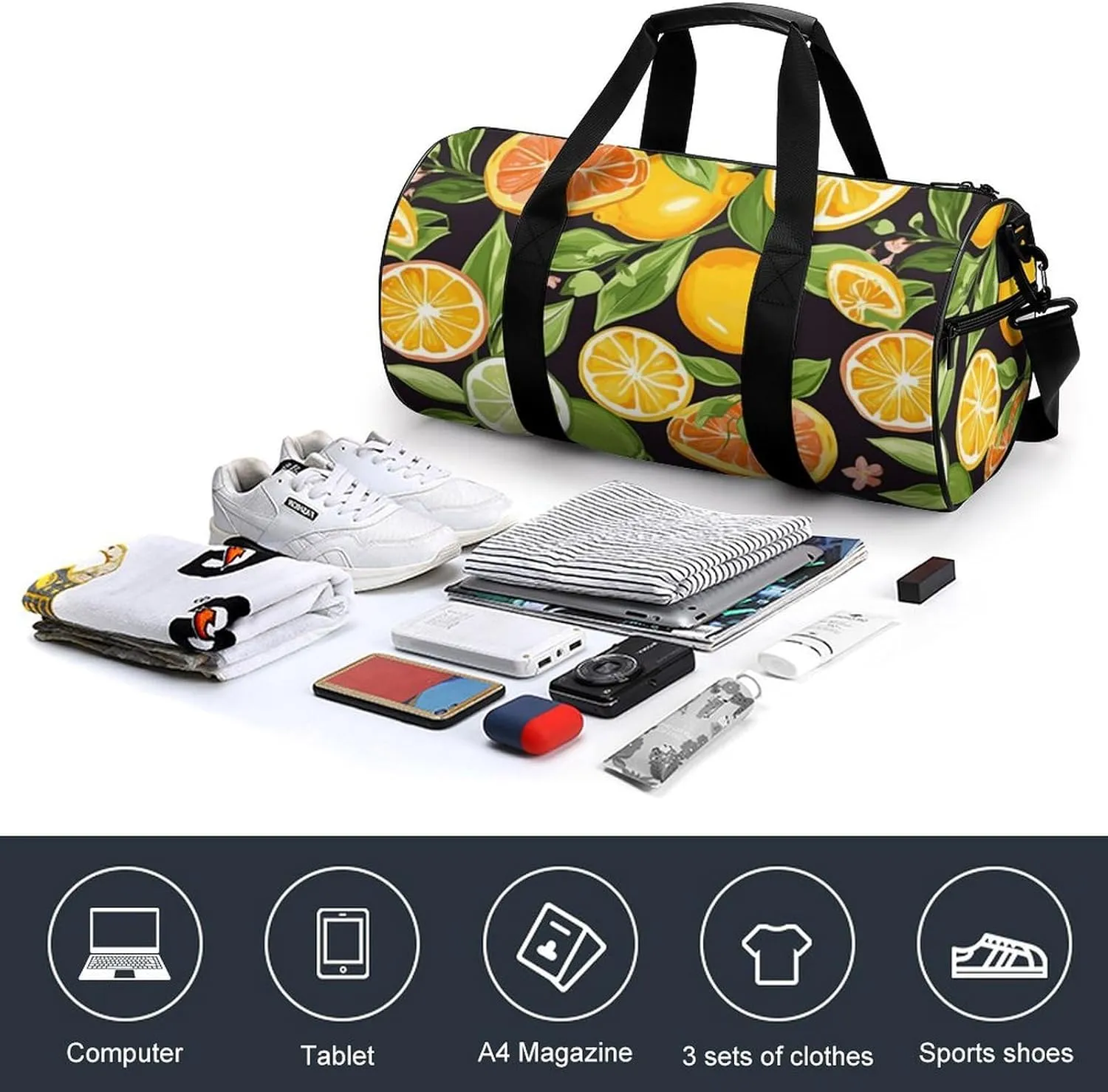 Travel Duffel Bag for Men And Women,Citrus Fruit Pattern Waterproof Sports Fitness Bag Portable Travel Duffel Bag, 17.7in/9in/9in