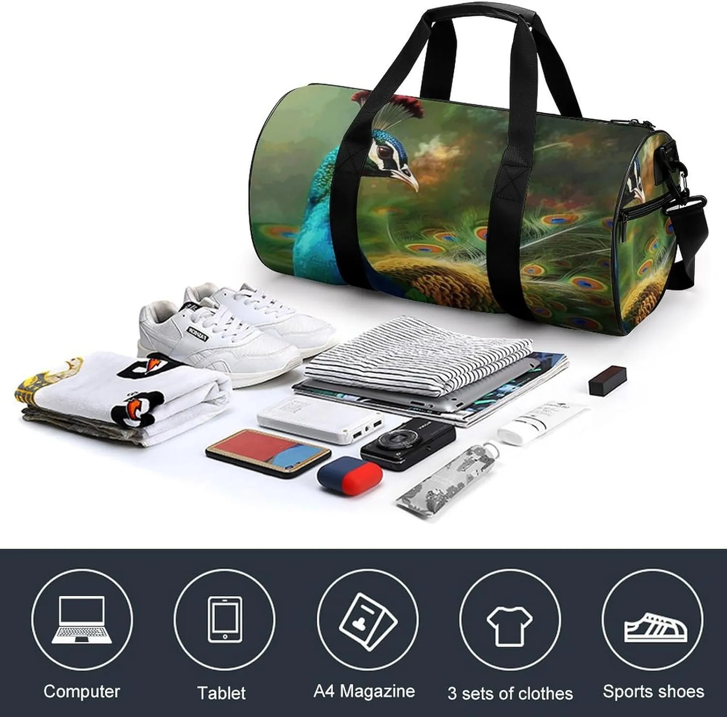 Travel Duffel Bag for Men And Women,Colorful Peacock Waterproof Sports Fitness Bag Portable Travel Duffel Bag