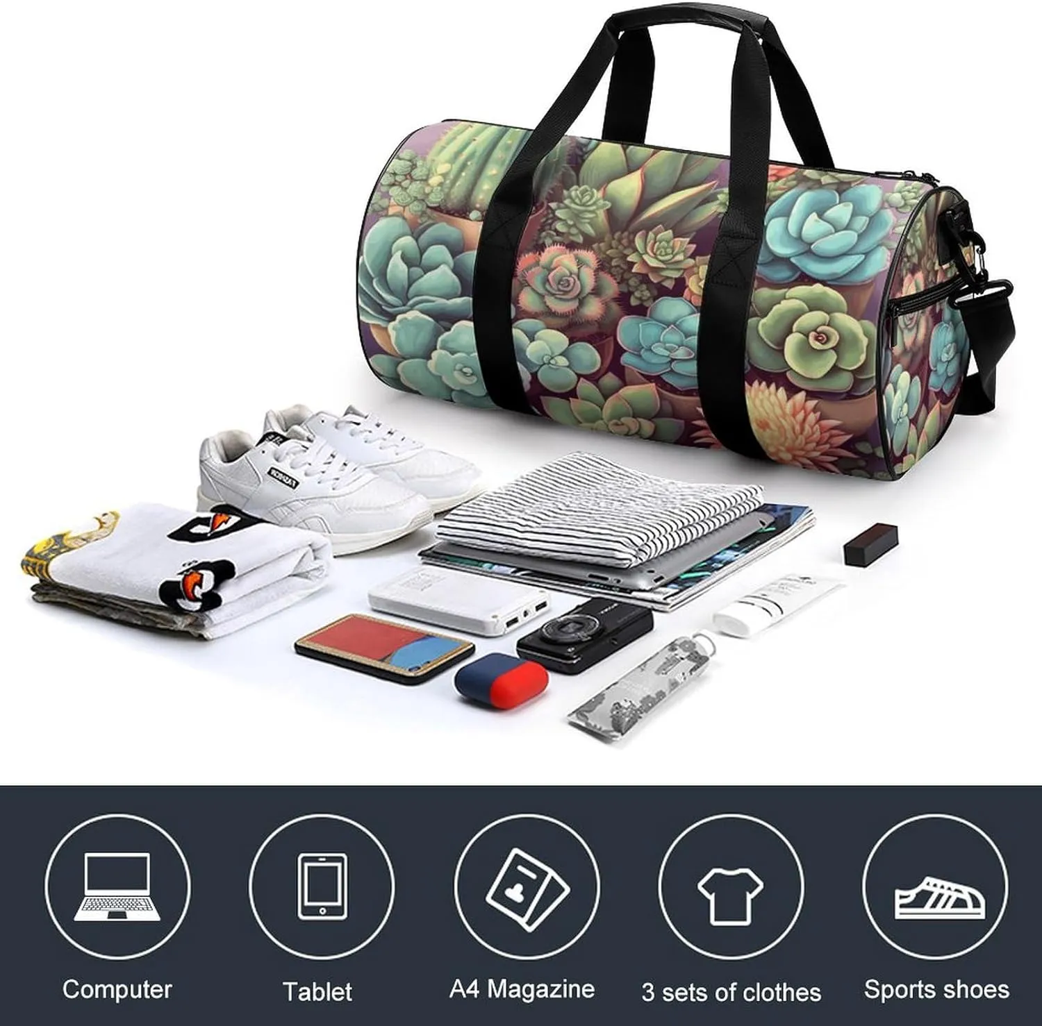 Travel Duffel Bag for Men And Women,Cute Succulents Waterproof Sports Fitness Bag Portable Travel Duffel Bag