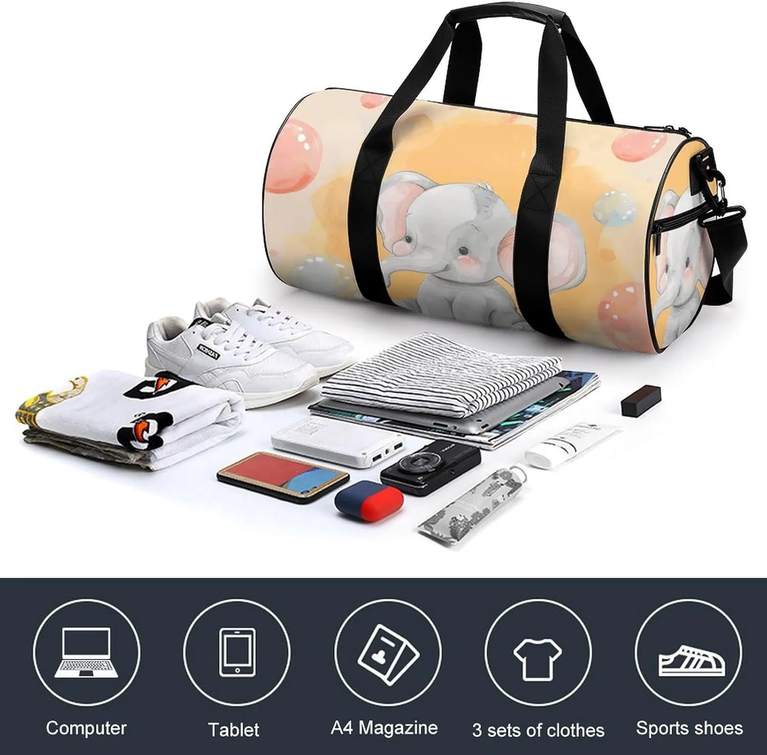 Travel Duffel Bag for Men And Women,Elephant on The Ground Waterproof Sports Fitness Bag Portable Travel Duffel Bag