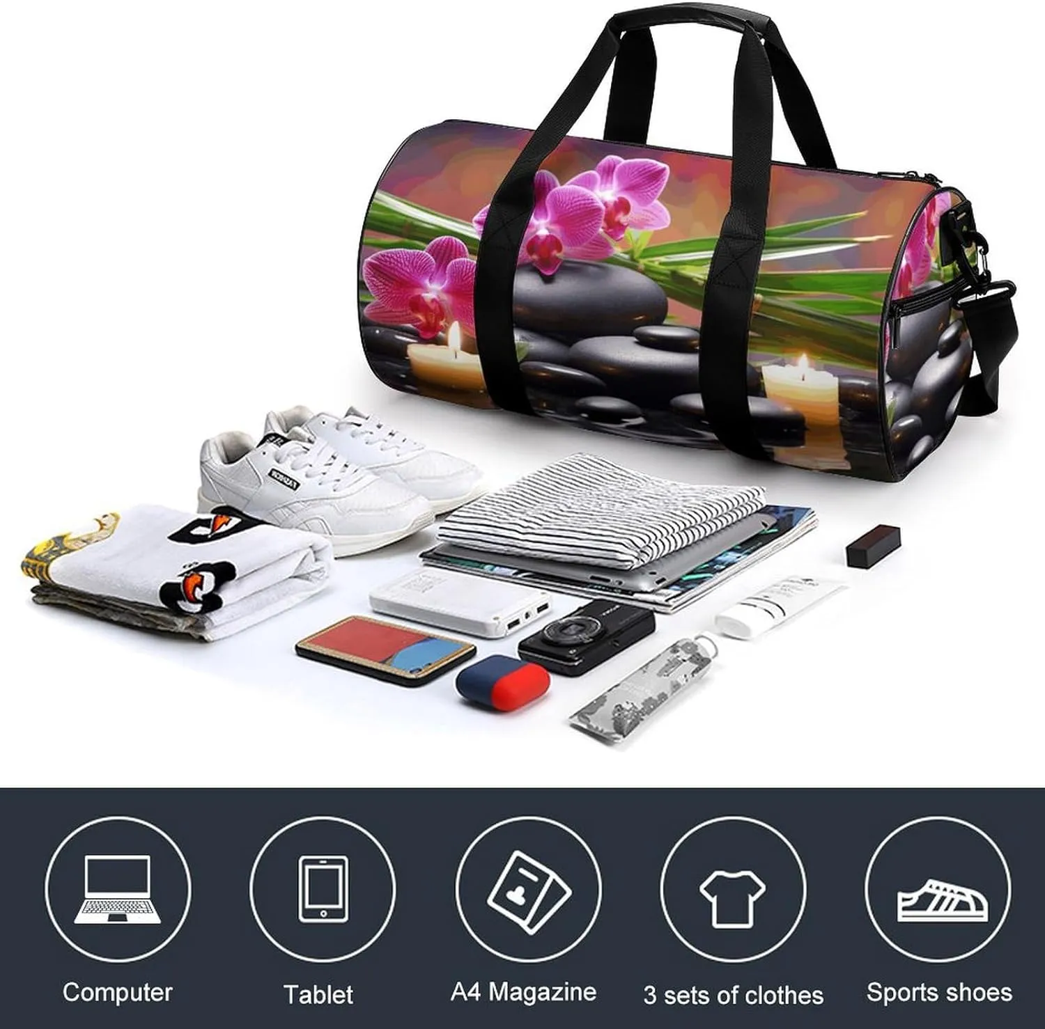Travel Duffel Bag for Men And Women,Flowers in Fountain Massage Stones And Bamboo Waterproof Sports Fitness Bag Portable Travel Duffel Bag, 17.7in/9in/9in