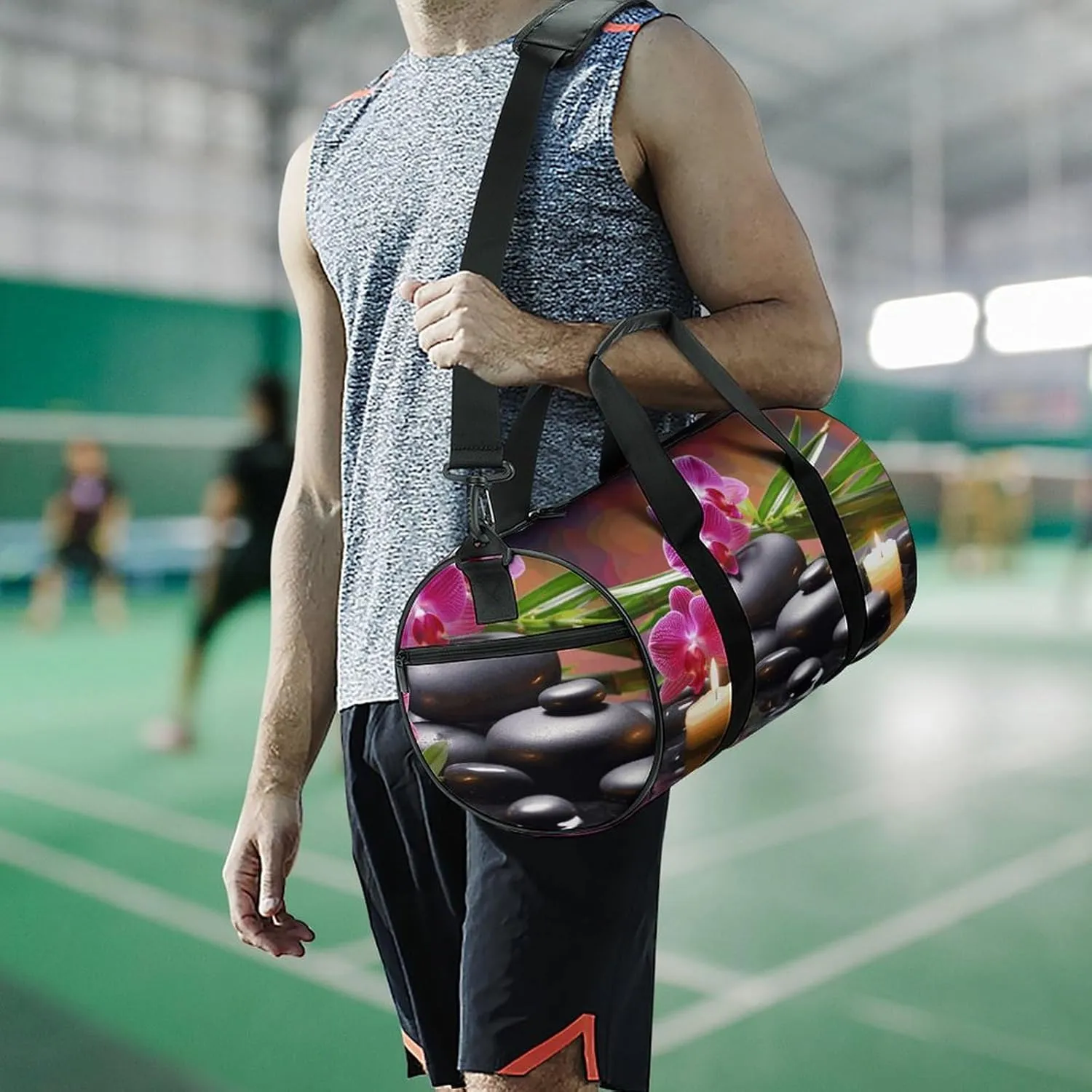 Travel Duffel Bag for Men And Women,Flowers in Fountain Massage Stones And Bamboo Waterproof Sports Fitness Bag Portable Travel Duffel Bag, 17.7in/9in/9in