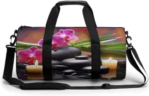 Travel Duffel Bag for Men And Women,Flowers in Fountain Massage Stones And Bamboo Waterproof Sports Fitness Bag Portable Travel Duffel Bag, 17.7in/9in/9in