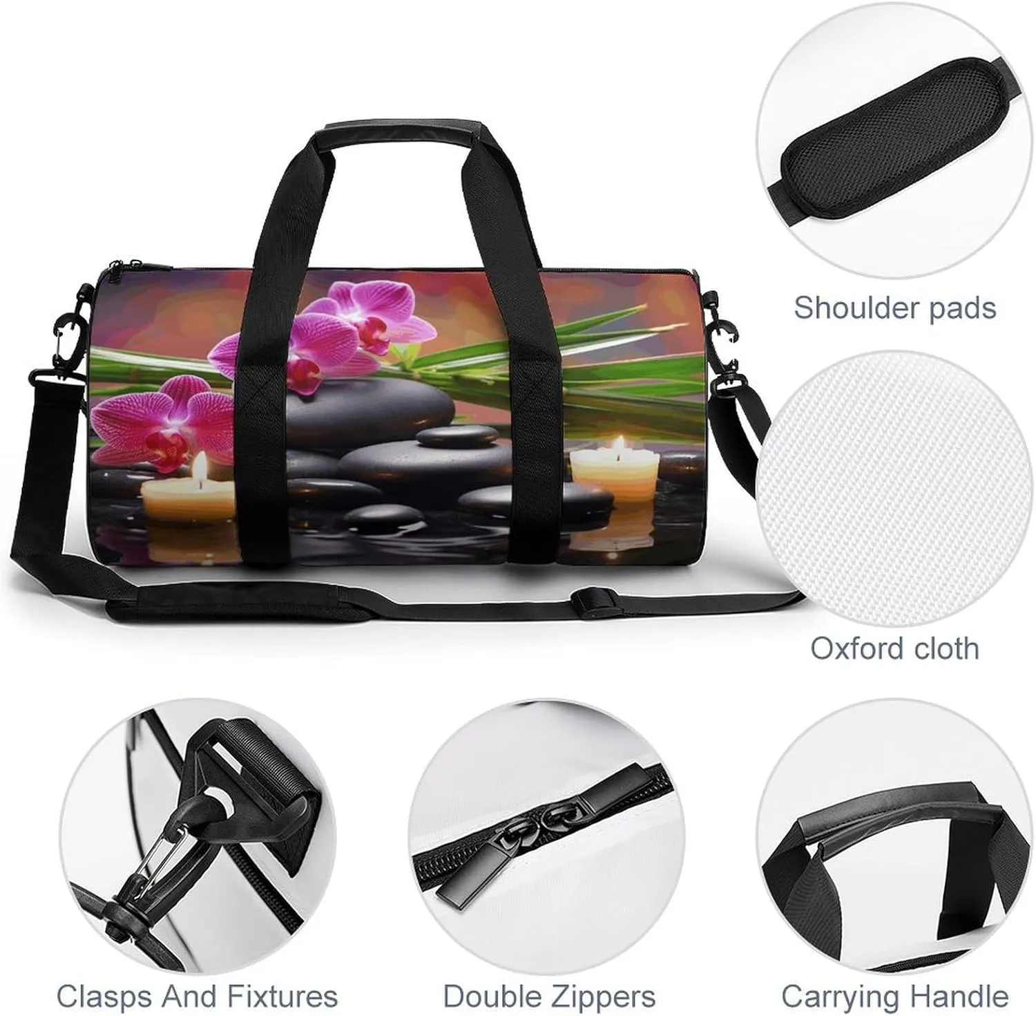 Travel Duffel Bag for Men And Women,Flowers in Fountain Massage Stones And Bamboo Waterproof Sports Fitness Bag Portable Travel Duffel Bag, 17.7in/9in/9in
