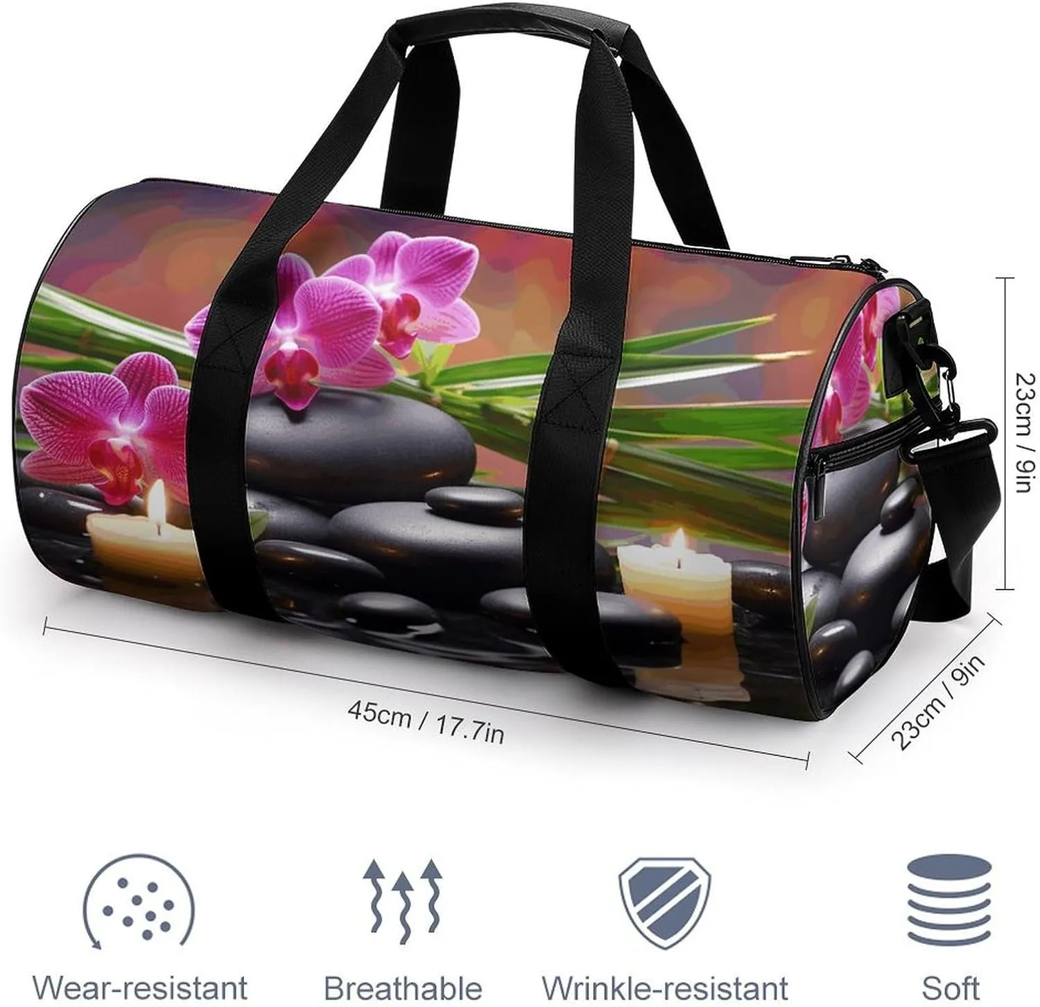 Travel Duffel Bag for Men And Women,Flowers in Fountain Massage Stones And Bamboo Waterproof Sports Fitness Bag Portable Travel Duffel Bag, 17.7in/9in/9in