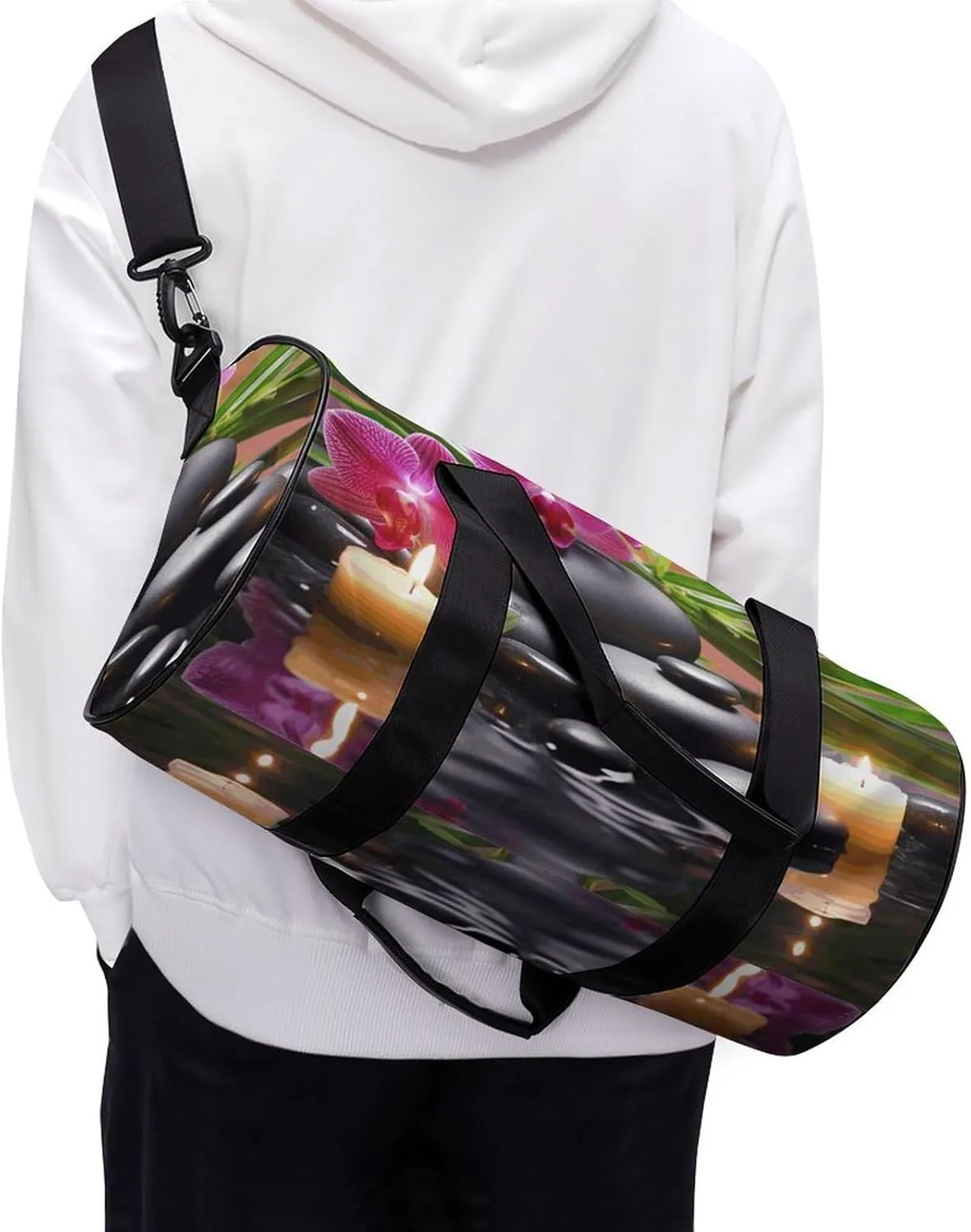 Travel Duffel Bag for Men And Women,Flowers in Fountain Massage Stones And Bamboo Waterproof Sports Fitness Bag Portable Travel Duffel Bag, 17.7in/9in/9in