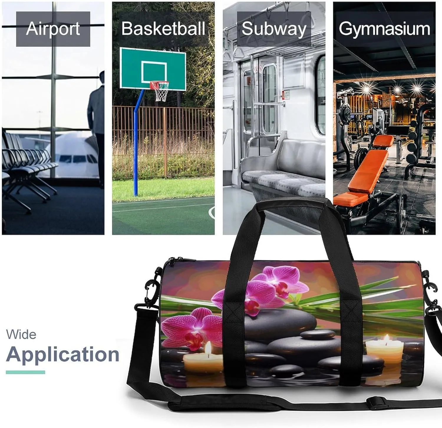 Travel Duffel Bag for Men And Women,Flowers in Fountain Massage Stones And Bamboo Waterproof Sports Fitness Bag Portable Travel Duffel Bag, 17.7in/9in/9in