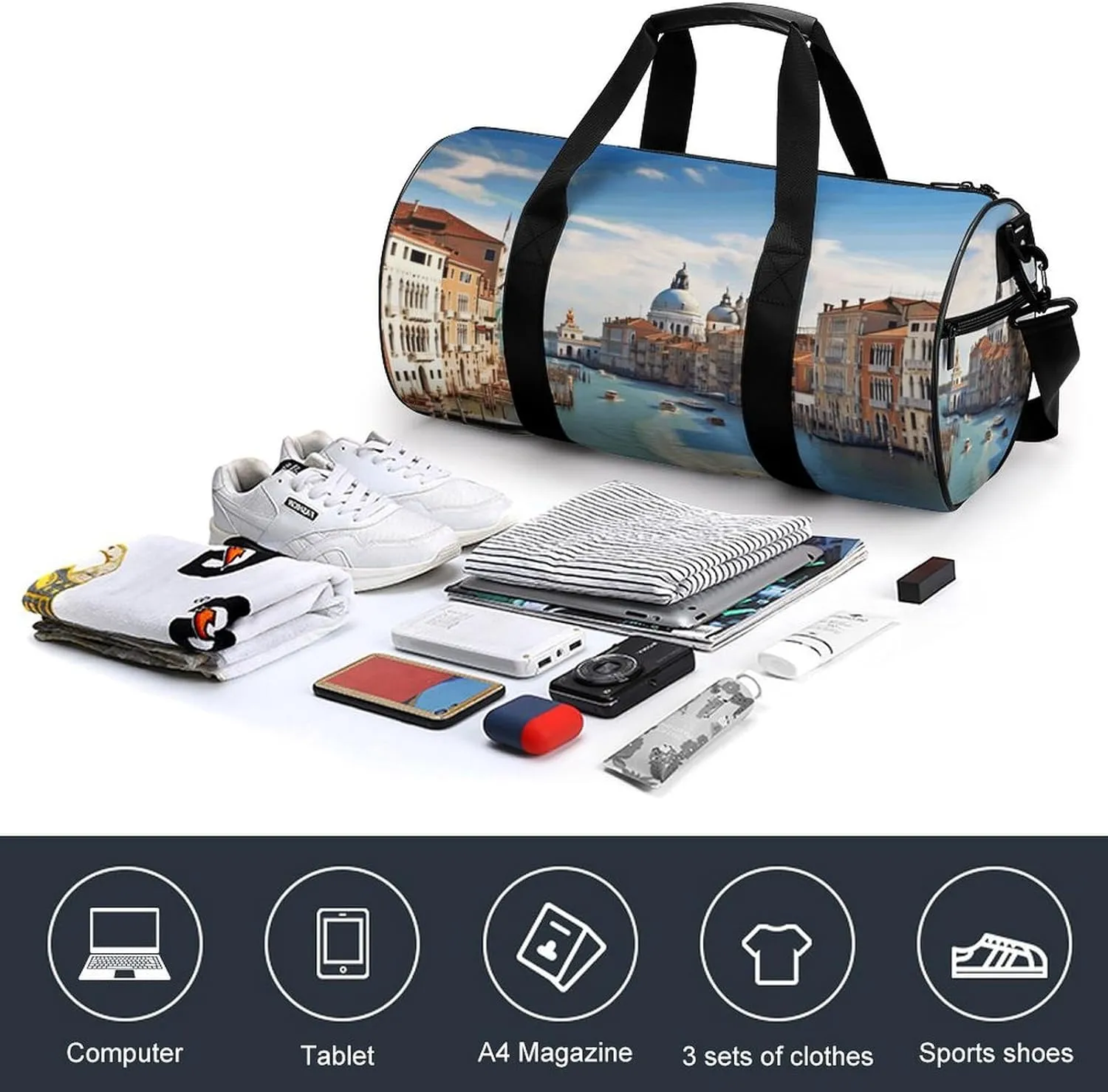 Travel Duffel Bag for Men And Women,Grand Canal in Italy Waterproof Sports Fitness Bag Portable Travel Duffel Bag