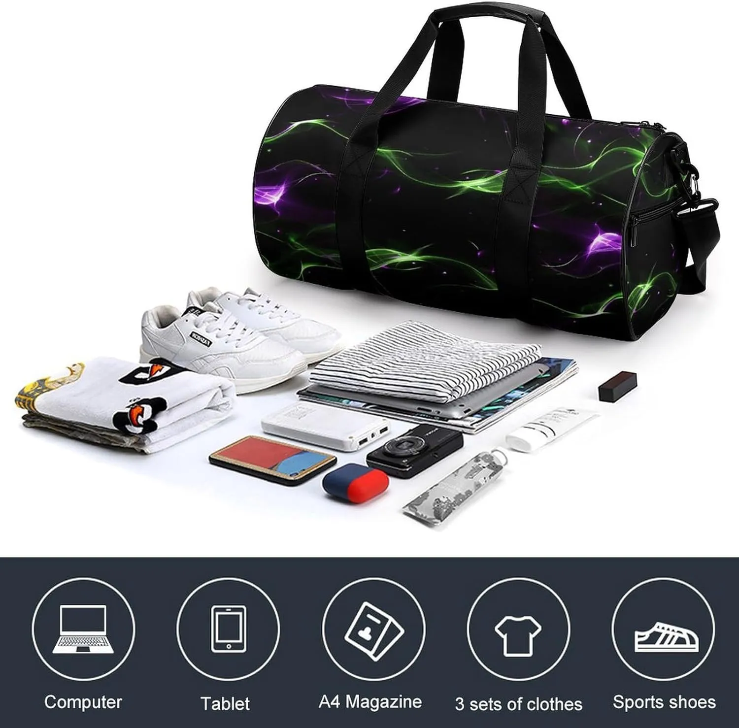 Travel Duffel Bag for Men And Women,Green And Purple Lights Waterproof Sports Fitness Bag Portable Travel Duffel Bag