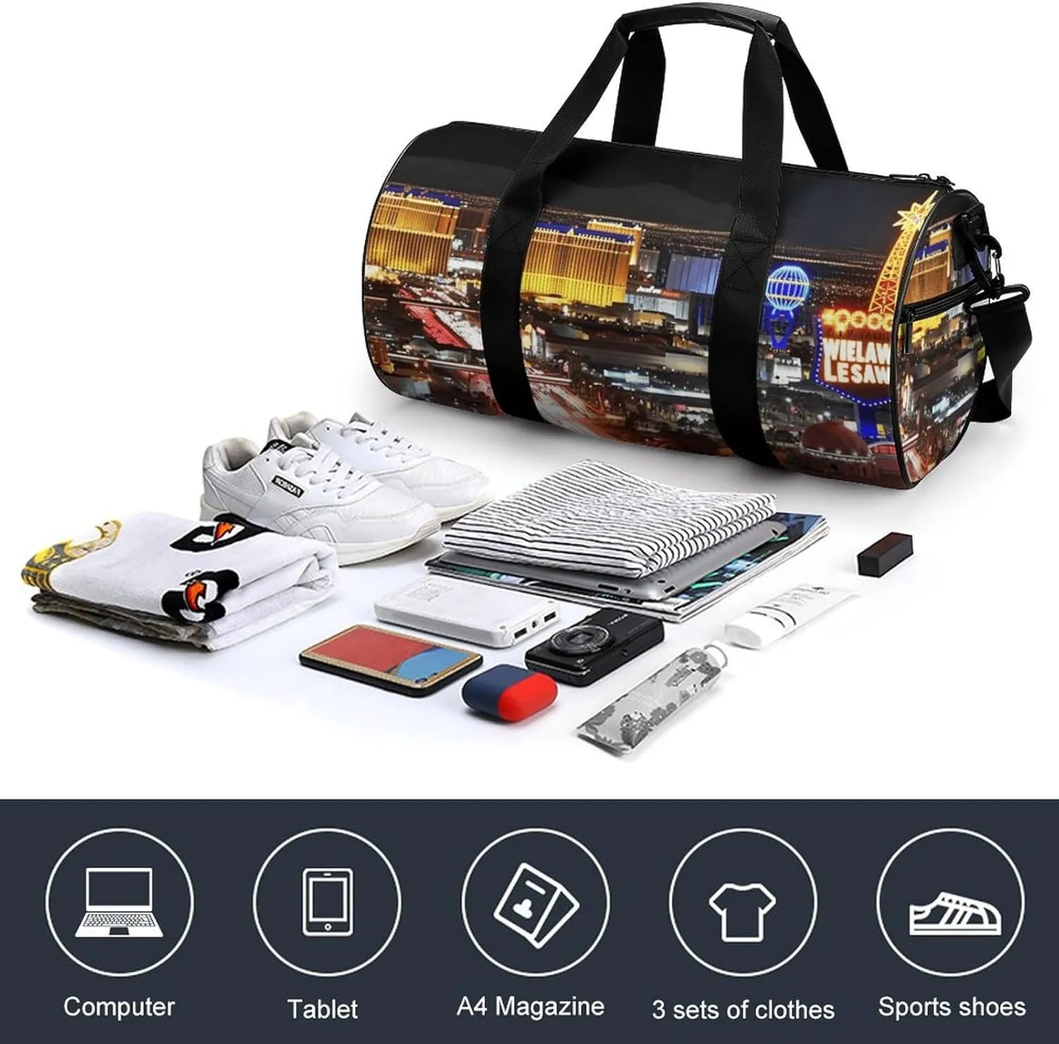 Travel Duffel Bag for Men And Women,Las Vegas Night City Waterproof Sports Fitness Bag Portable Travel Duffel Bag, 17.7in/9in/9in