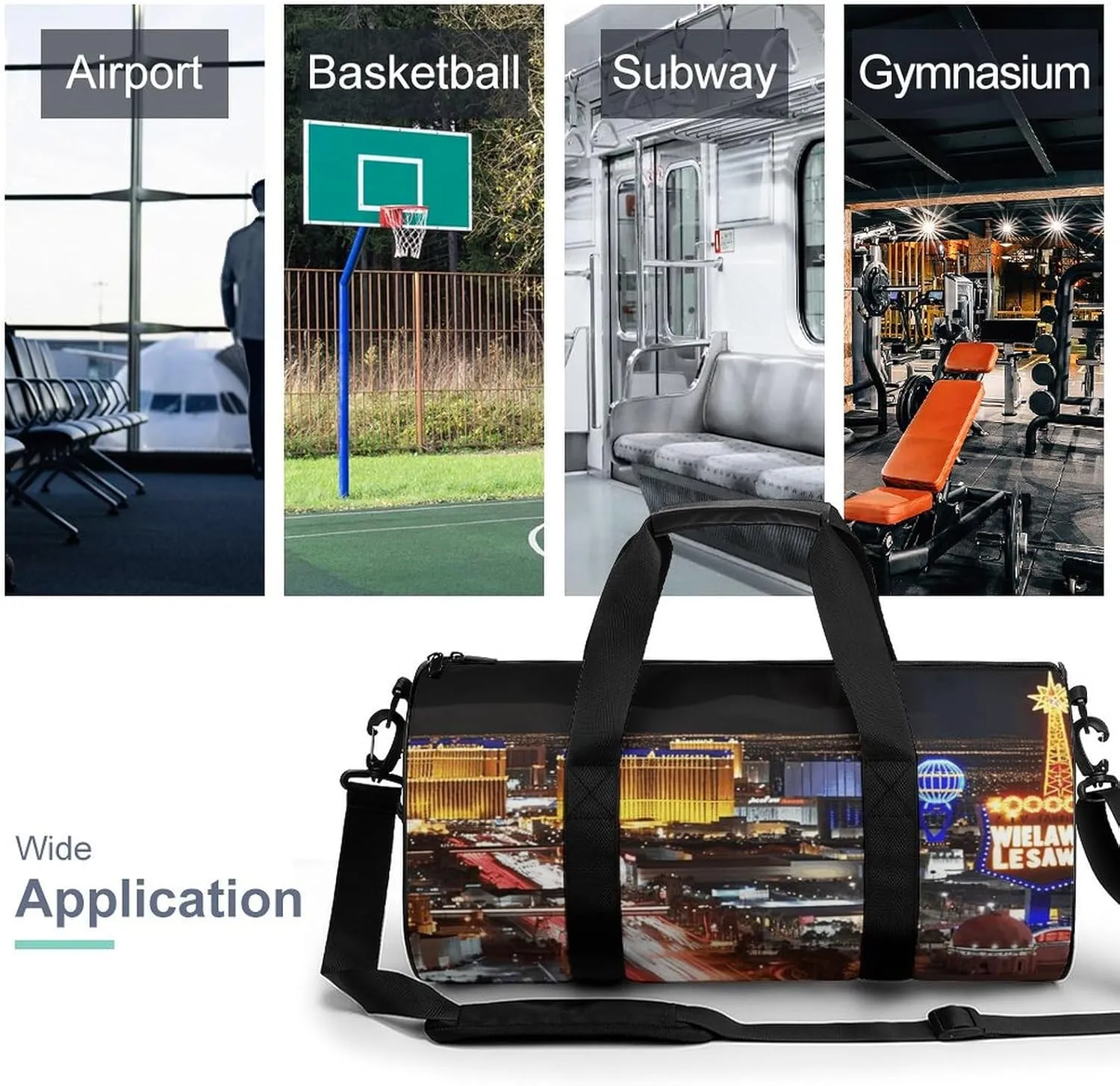 Travel Duffel Bag for Men And Women,Las Vegas Night City Waterproof Sports Fitness Bag Portable Travel Duffel Bag, 17.7in/9in/9in