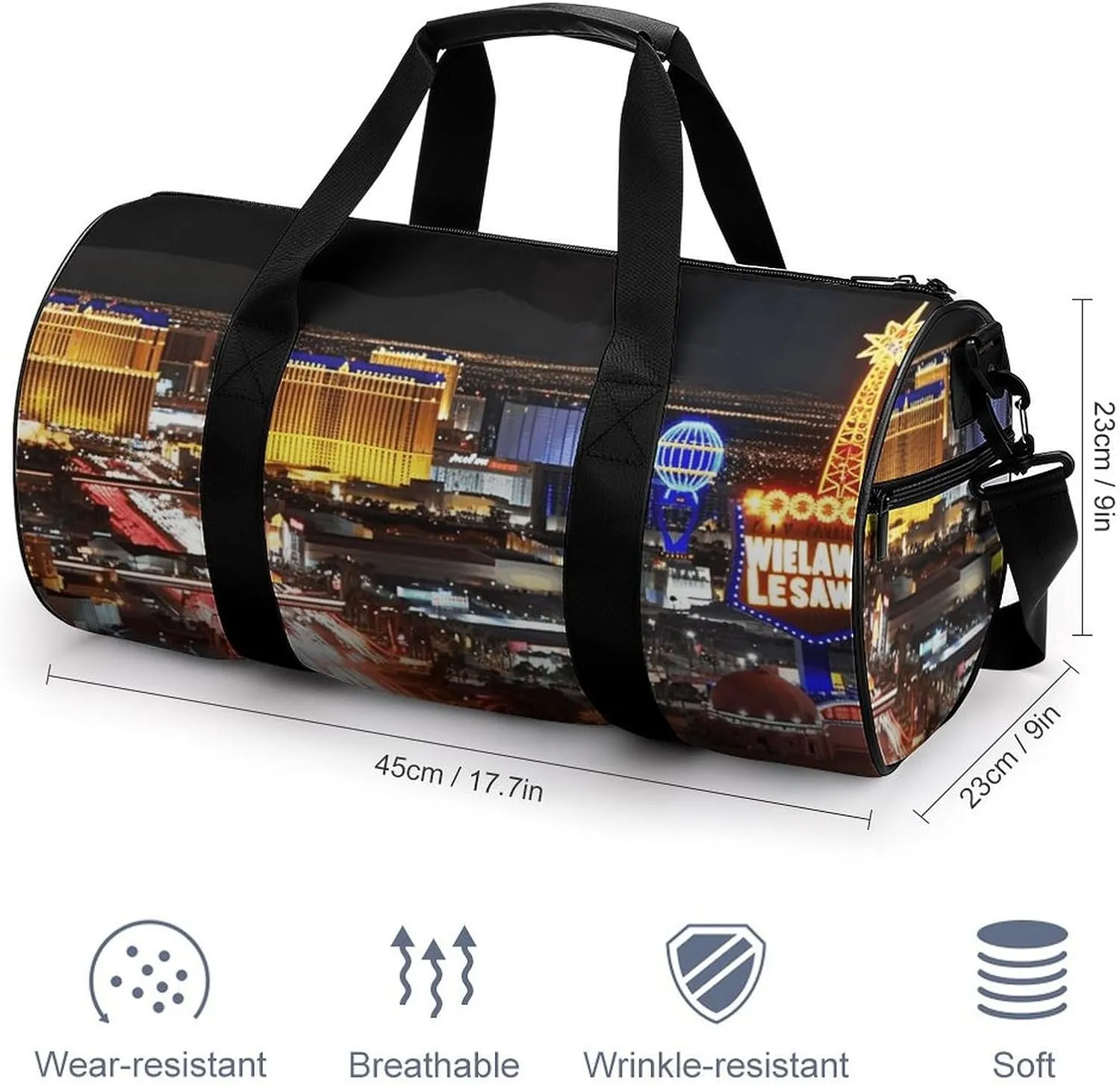 Travel Duffel Bag for Men And Women,Las Vegas Night City Waterproof Sports Fitness Bag Portable Travel Duffel Bag, 17.7in/9in/9in