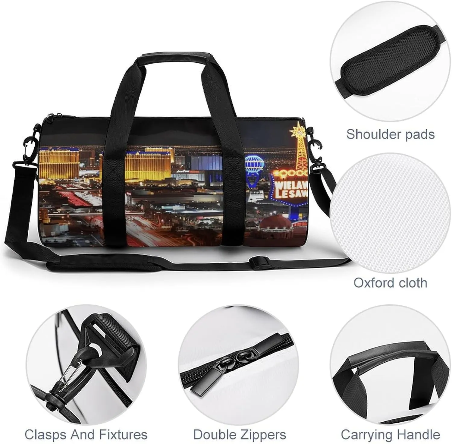 Travel Duffel Bag for Men And Women,Las Vegas Night City Waterproof Sports Fitness Bag Portable Travel Duffel Bag, 17.7in/9in/9in