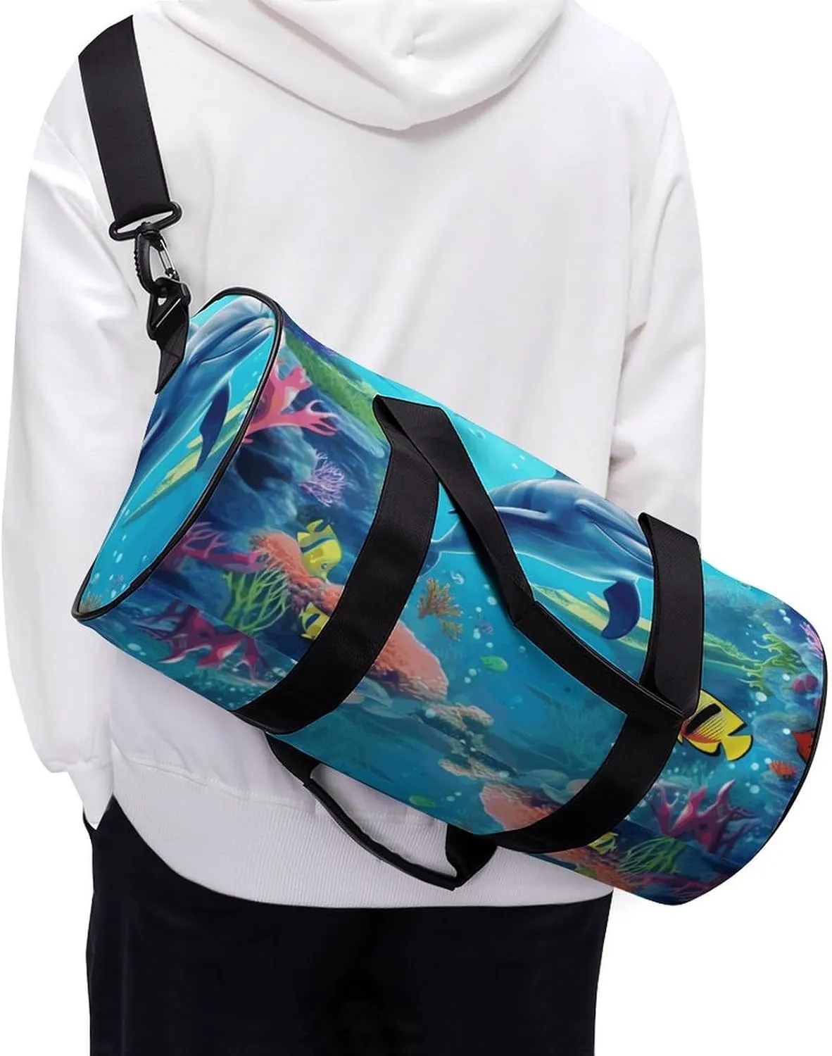 Travel Duffel Bag for Men And Women,Ocean Underwater Dolphin Fish Waterproof Sports Fitness Bag Portable Travel Duffel Bag, 17.7in/9in/9in