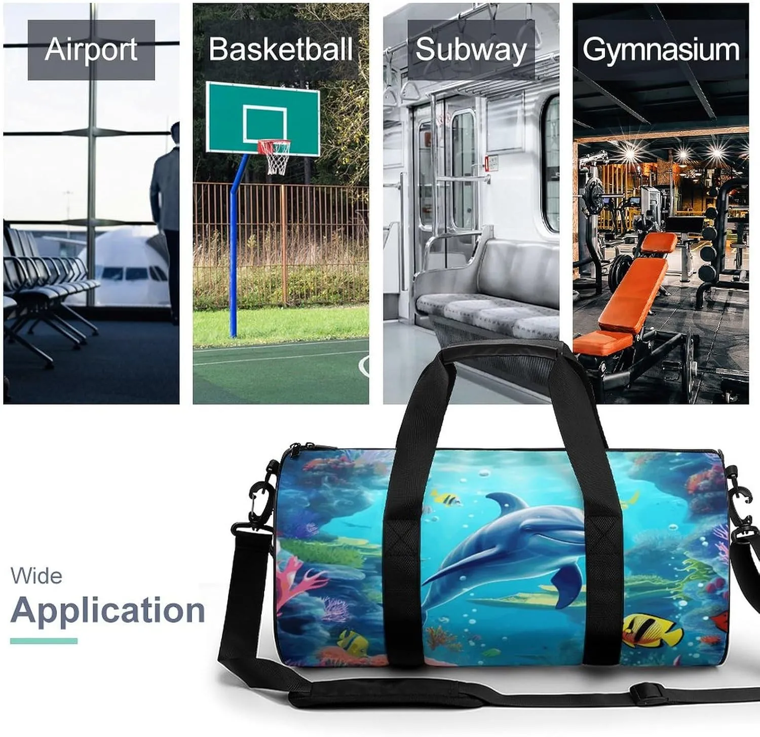 Travel Duffel Bag for Men And Women,Ocean Underwater Dolphin Fish Waterproof Sports Fitness Bag Portable Travel Duffel Bag, 17.7in/9in/9in