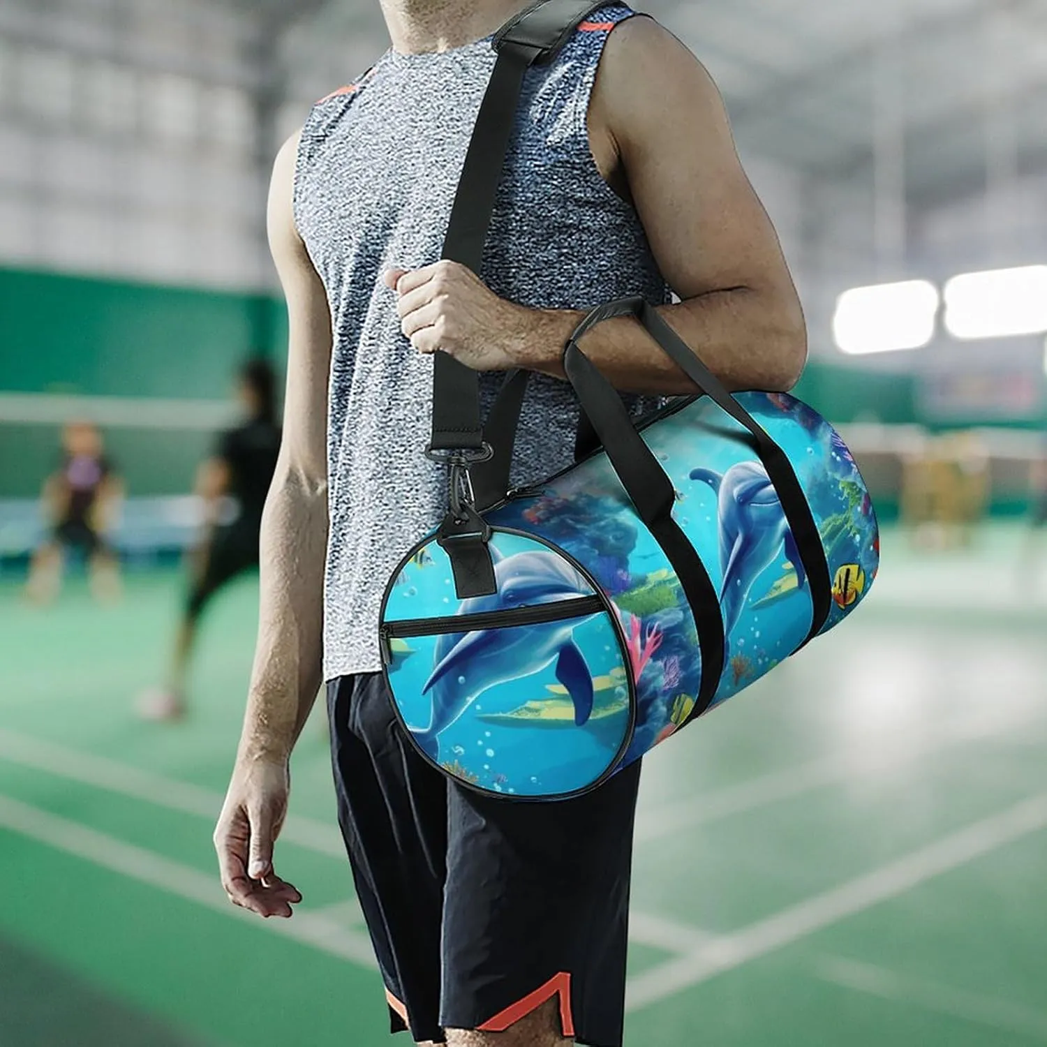 Travel Duffel Bag for Men And Women,Ocean Underwater Dolphin Fish Waterproof Sports Fitness Bag Portable Travel Duffel Bag, 17.7in/9in/9in