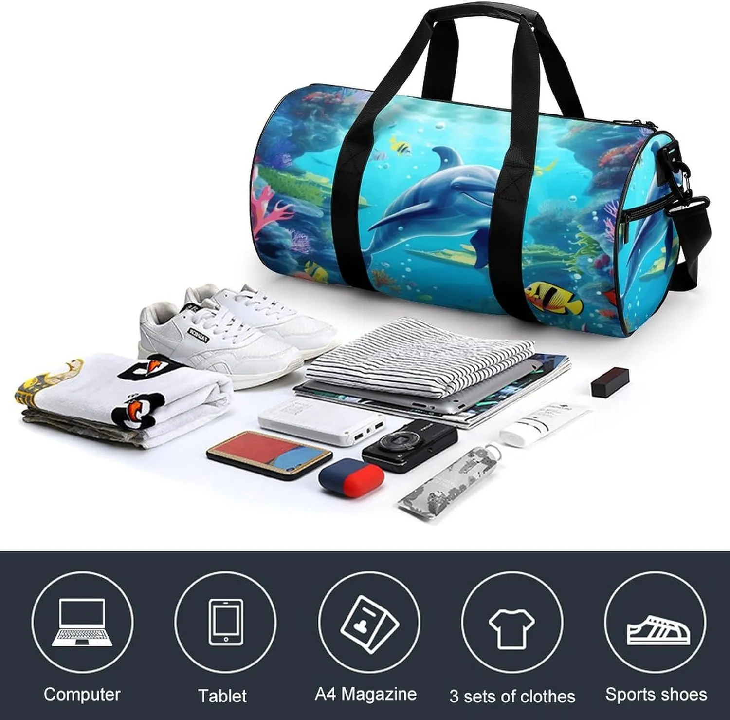 Travel Duffel Bag for Men And Women,Ocean Underwater Dolphin Fish Waterproof Sports Fitness Bag Portable Travel Duffel Bag, 17.7in/9in/9in