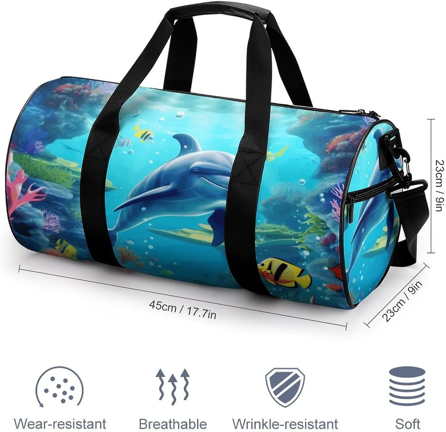 Travel Duffel Bag for Men And Women,Ocean Underwater Dolphin Fish Waterproof Sports Fitness Bag Portable Travel Duffel Bag, 17.7in/9in/9in