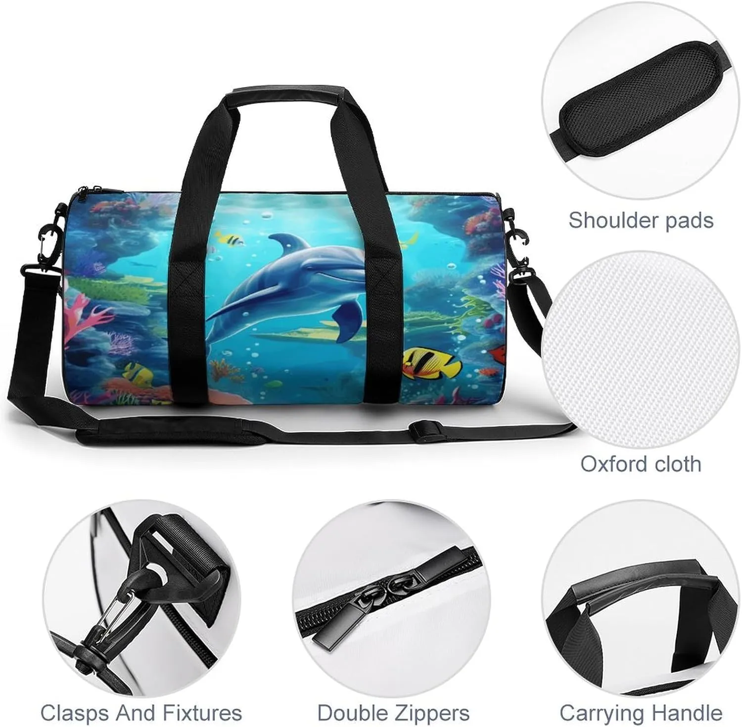 Travel Duffel Bag for Men And Women,Ocean Underwater Dolphin Fish Waterproof Sports Fitness Bag Portable Travel Duffel Bag, 17.7in/9in/9in