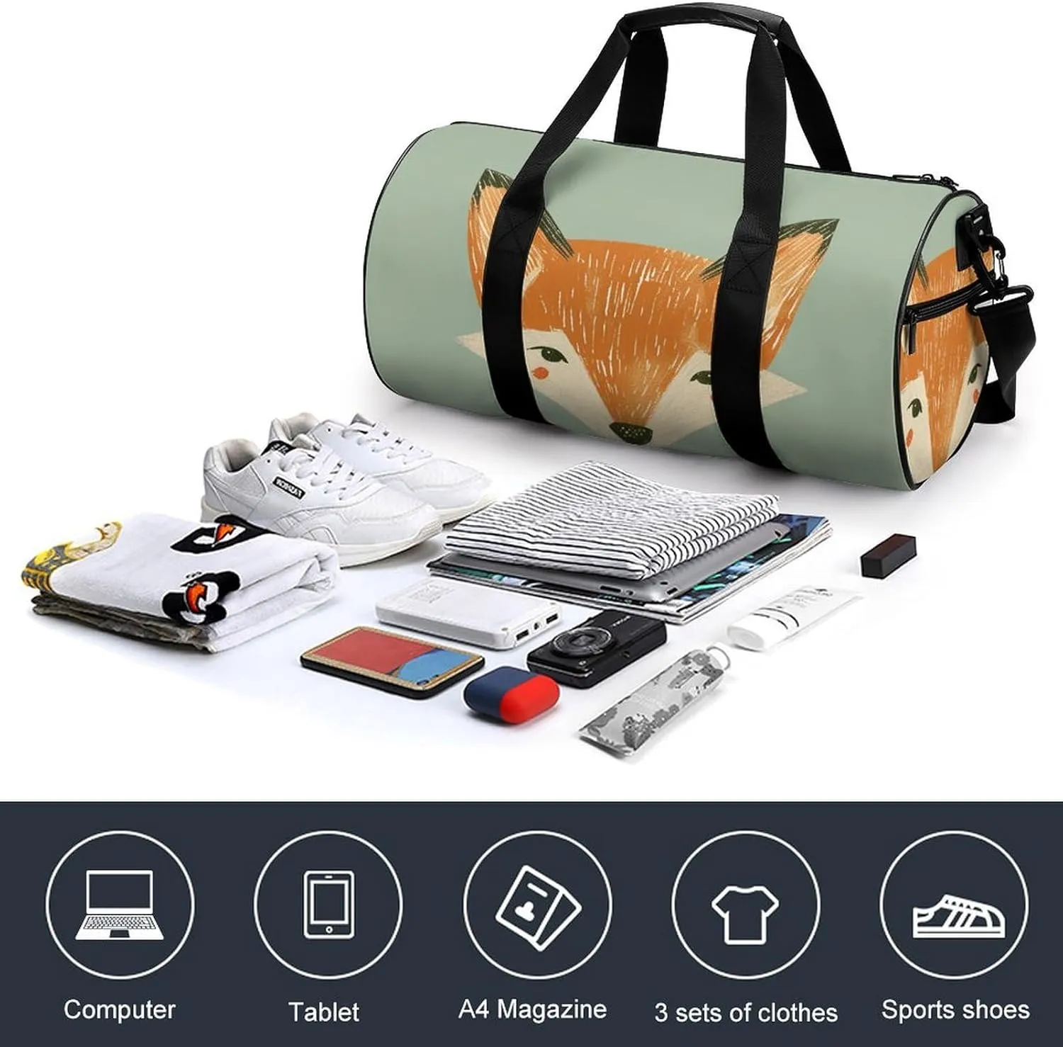 Travel Duffel Bag for Men And Women,Orange Fox Face Waterproof Sports Fitness Bag Portable Travel Duffel Bag