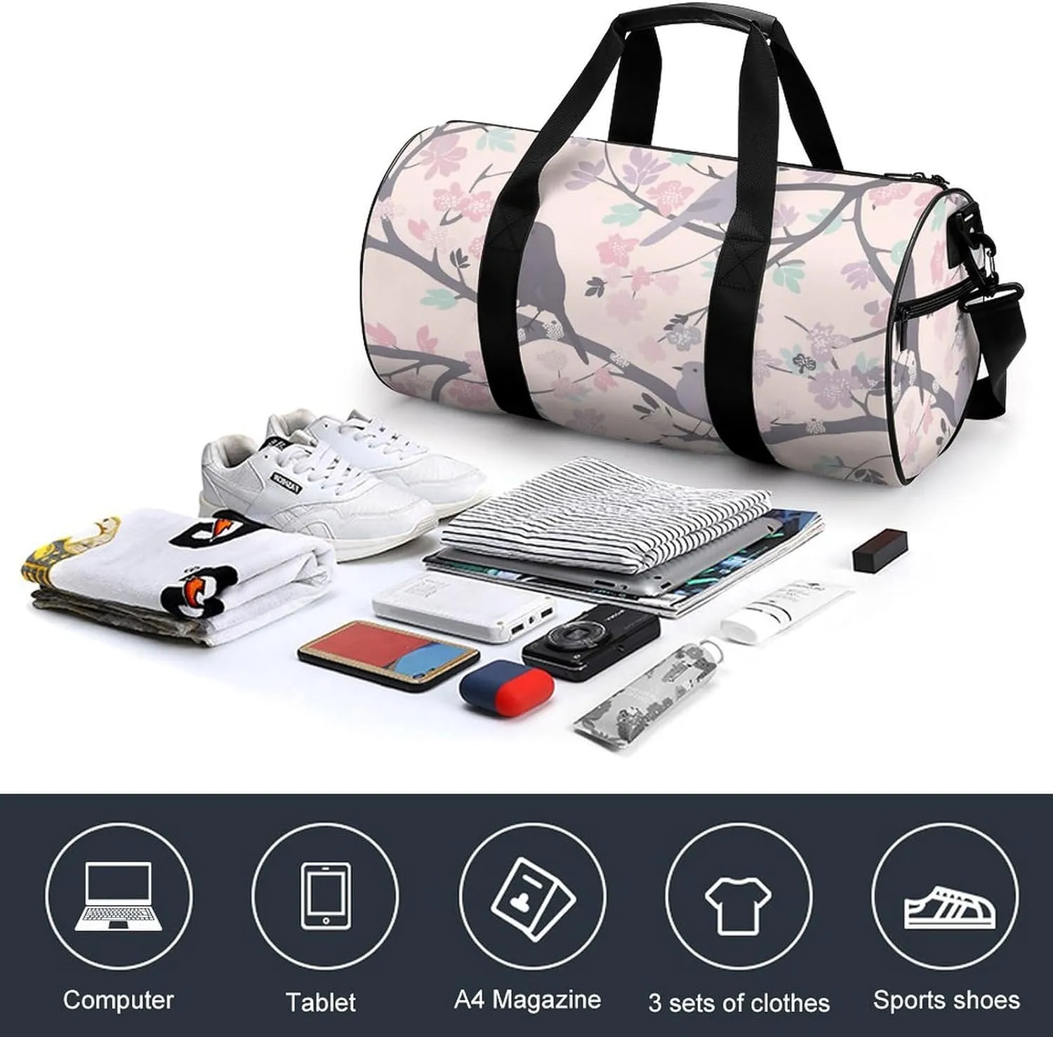 Travel Duffel Bag for Men And Women,Pastel Peach Bird Waterproof Sports Fitness Bag Portable Travel Duffel Bag