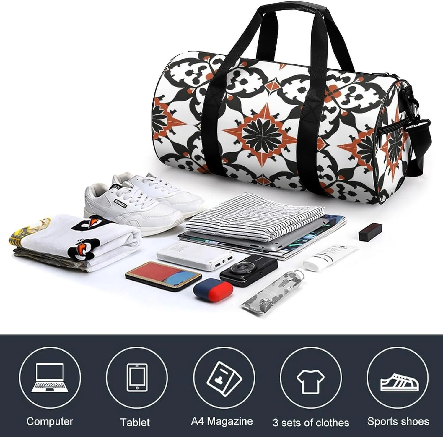 Travel Duffel Bag for Men And Women,Pattern Red Black Waterproof Sports Fitness Bag Portable Travel Duffel Bag