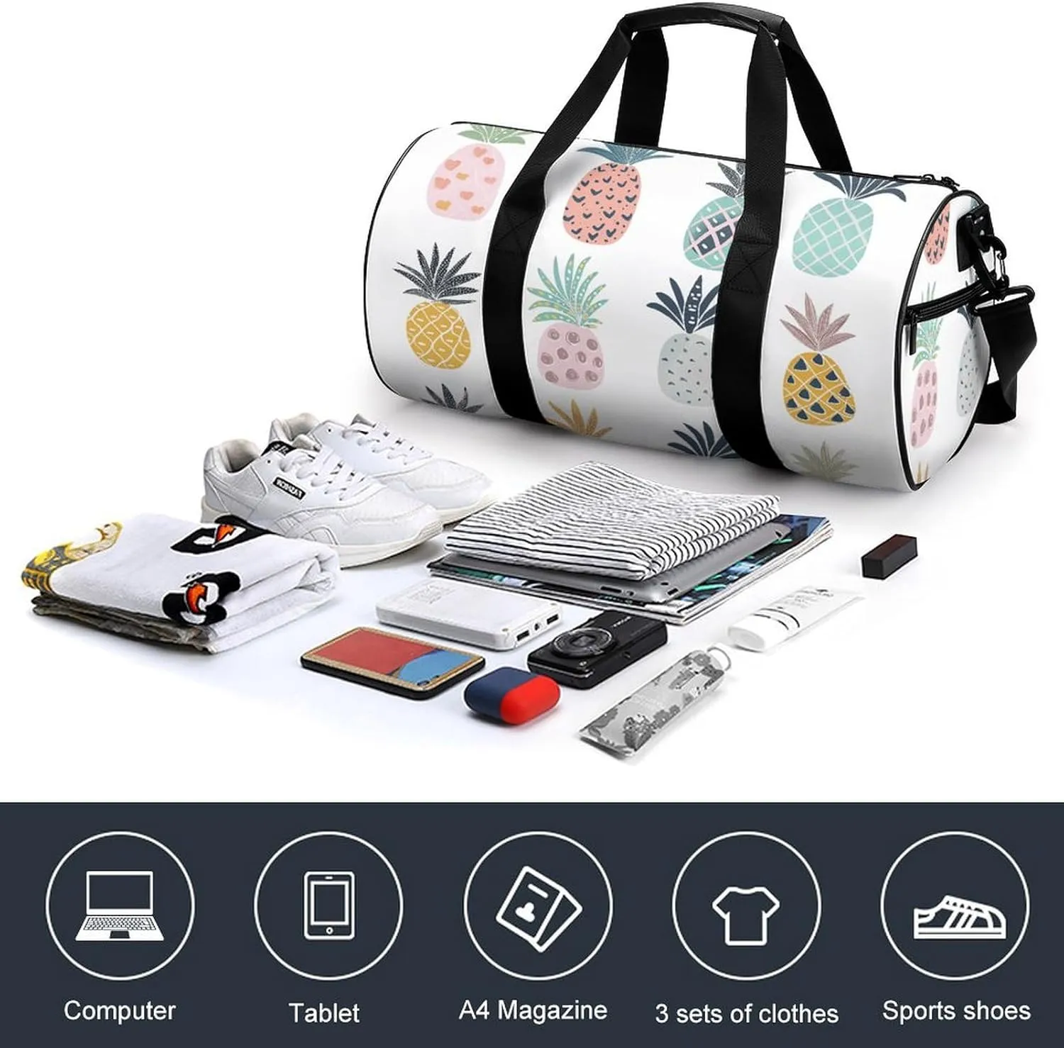 Travel Duffel Bag for Men And Women,Pineapple Doodle Drawing Waterproof Sports Fitness Bag Portable Travel Duffel Bag