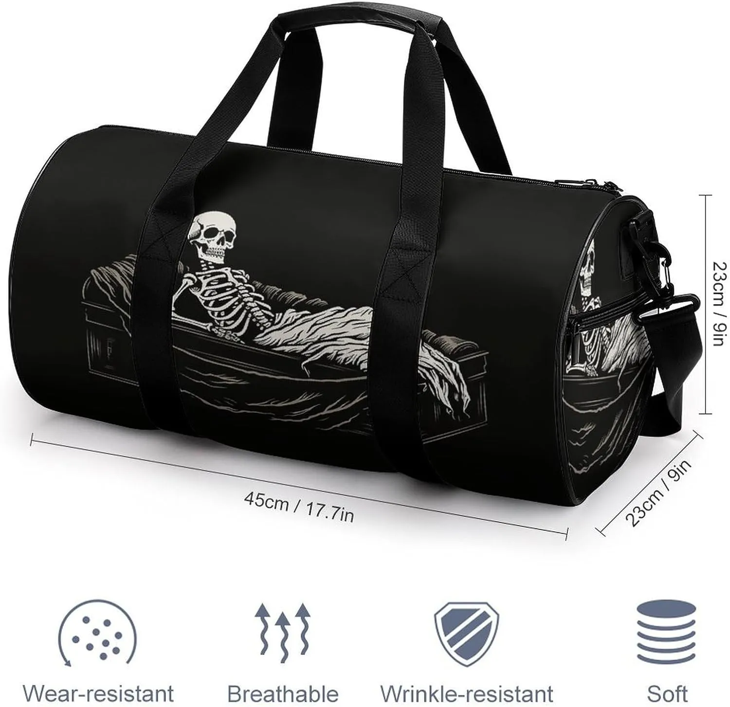 Travel Duffel Bag for Men And Women,Skeleton in The Coffin Waterproof Sports Fitness Bag Portable Travel Duffel Bag, 17.7in/9in/9in