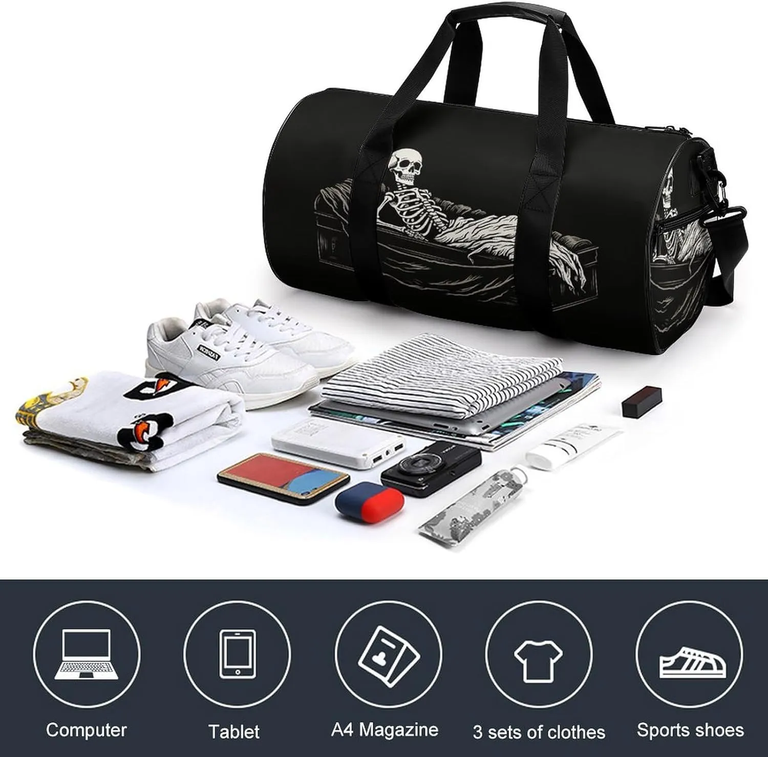 Travel Duffel Bag for Men And Women,Skeleton in The Coffin Waterproof Sports Fitness Bag Portable Travel Duffel Bag, 17.7in/9in/9in
