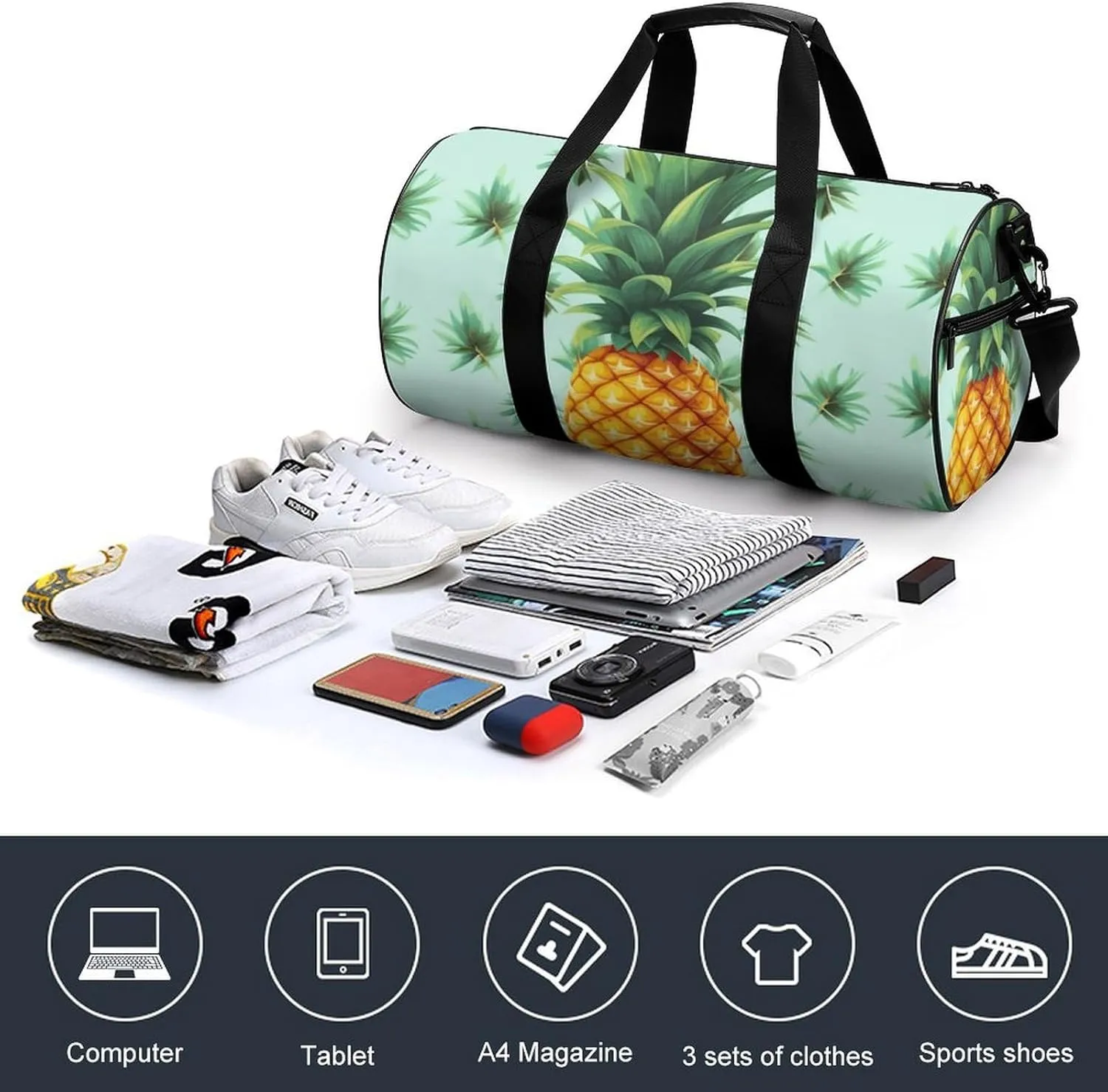 Travel Duffel Bag for Men And Women,Tropical Fruit Pineapple Waterproof Sports Fitness Bag Portable Travel Duffel Bag