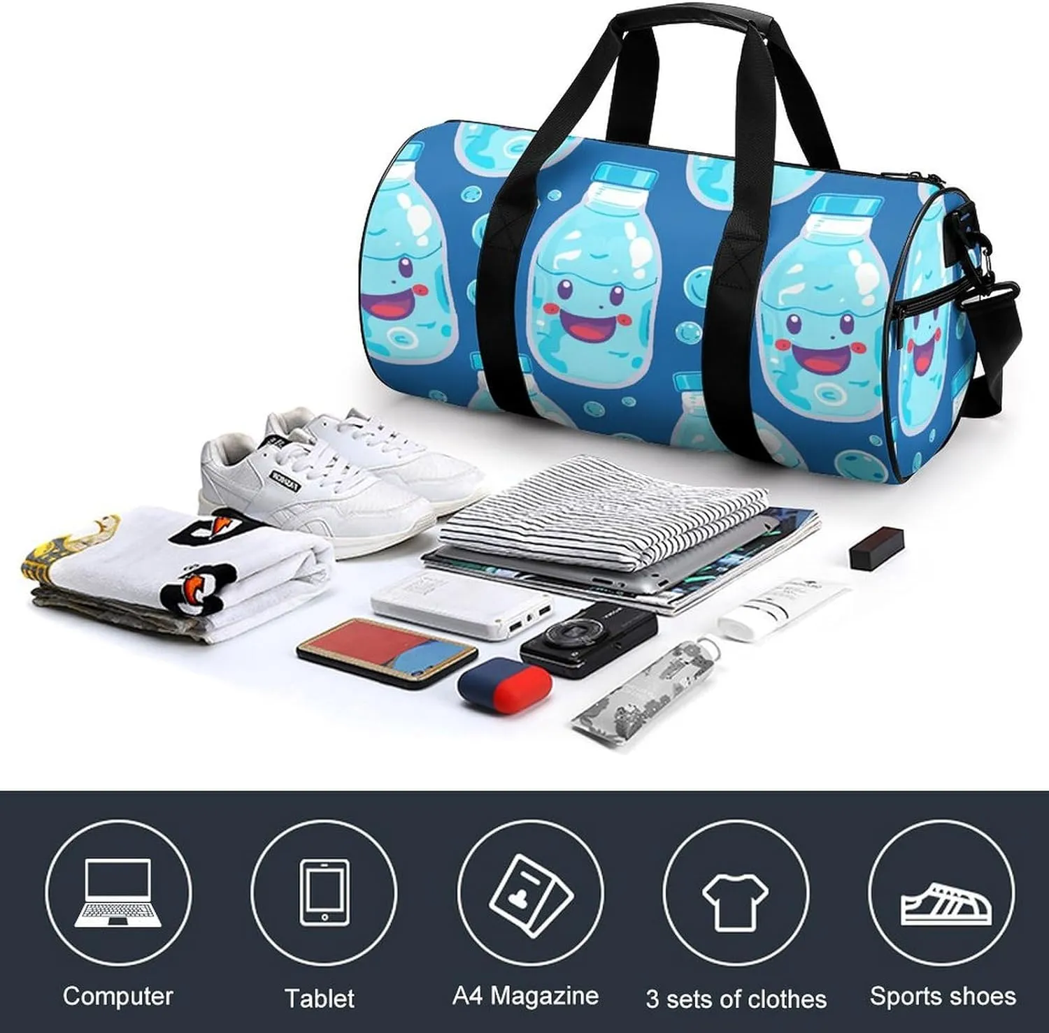 Travel Duffel Bag for Men And Women,Water Bottle Pattern Waterproof Sports Fitness Bag Portable Travel Duffel Bag