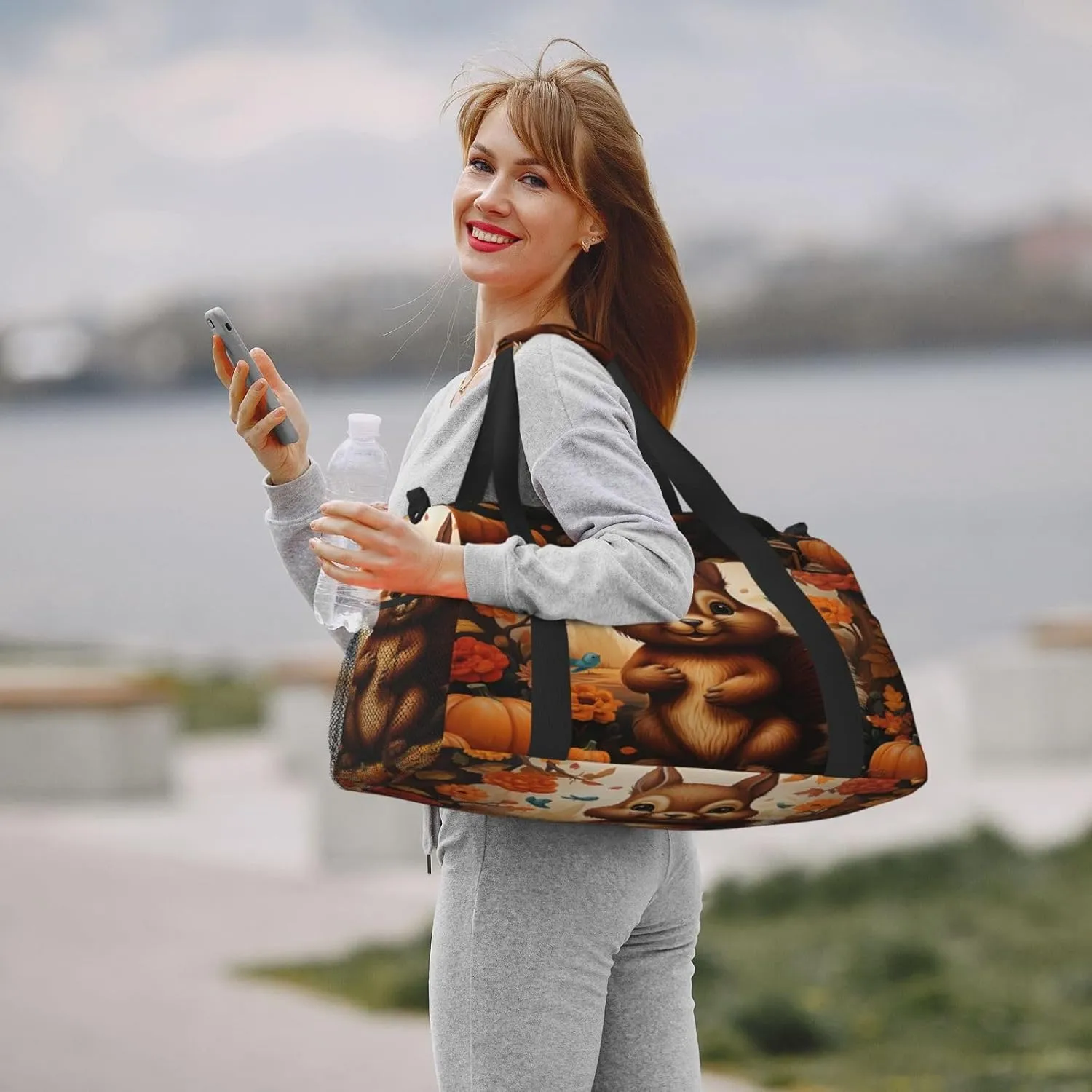 Travel Duffel Bag For Men Women, Autumn Pumpins Squirrel Animal Carry On Sport Gym Bag With Shoulder Strap Lightweight Waterproof Weekender Bag Overnight Bag