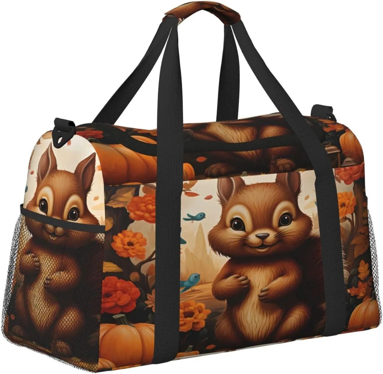 Travel Duffel Bag For Men Women, Autumn Pumpins Squirrel Animal Carry On Sport Gym Bag With Shoulder Strap Lightweight Waterproof Weekender Bag Overnight Bag