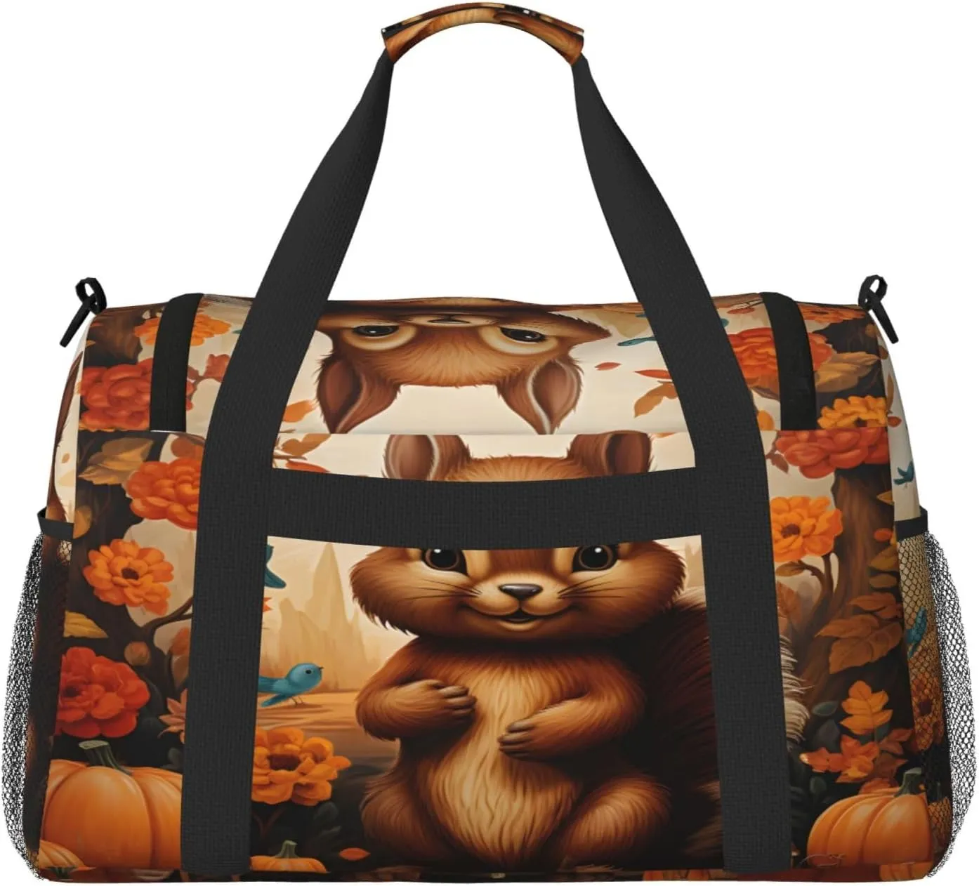 Travel Duffel Bag For Men Women, Autumn Pumpins Squirrel Animal Carry On Sport Gym Bag With Shoulder Strap Lightweight Waterproof Weekender Bag Overnight Bag