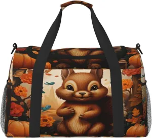 Travel Duffel Bag For Men Women, Autumn Pumpins Squirrel Animal Carry On Sport Gym Bag With Shoulder Strap Lightweight Waterproof Weekender Bag Overnight Bag