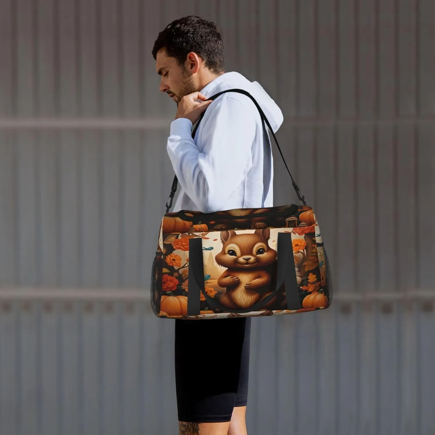 Travel Duffel Bag For Men Women, Autumn Pumpins Squirrel Animal Carry On Sport Gym Bag With Shoulder Strap Lightweight Waterproof Weekender Bag Overnight Bag