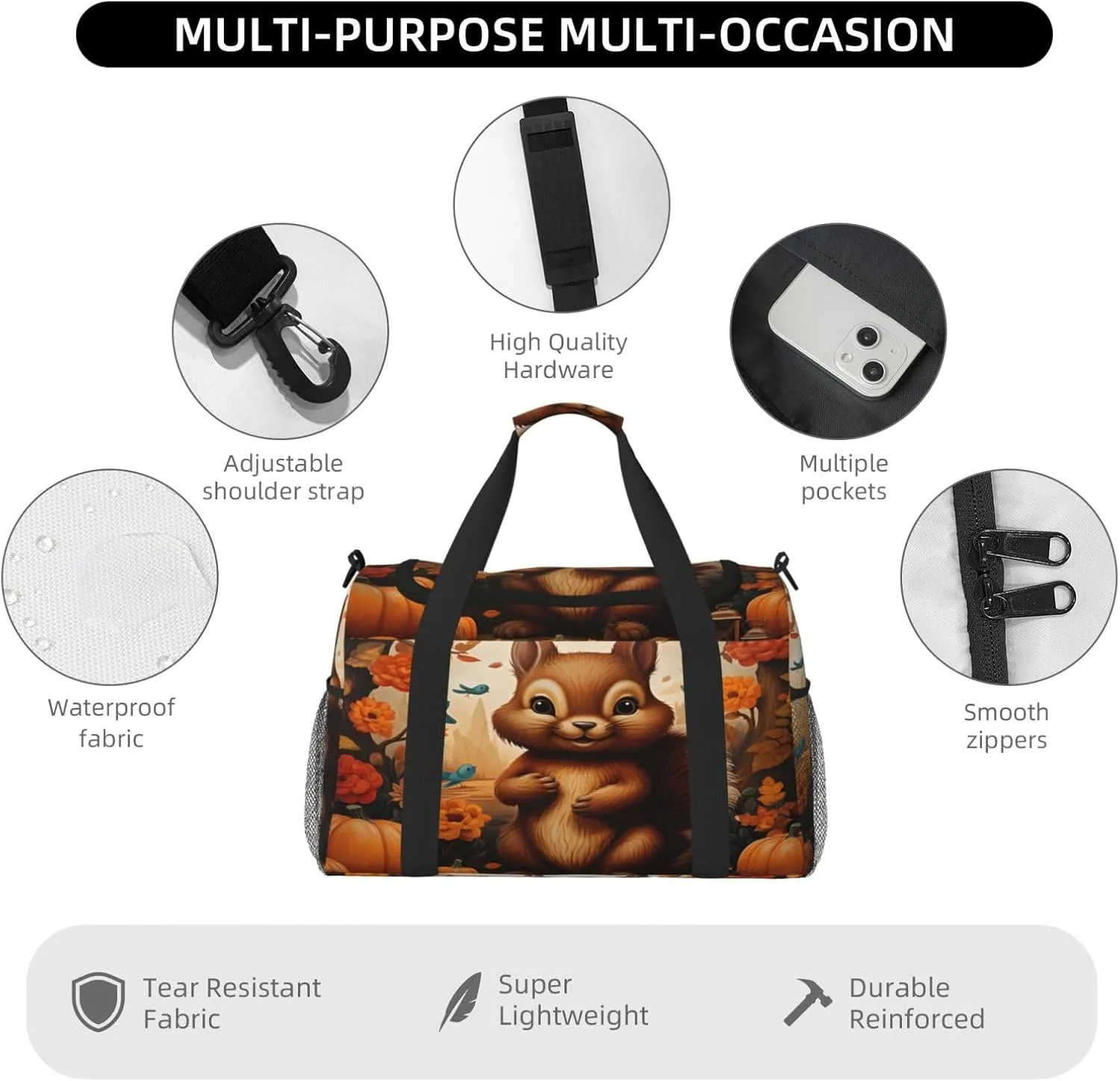 Travel Duffel Bag For Men Women, Autumn Pumpins Squirrel Animal Carry On Sport Gym Bag With Shoulder Strap Lightweight Waterproof Weekender Bag Overnight Bag