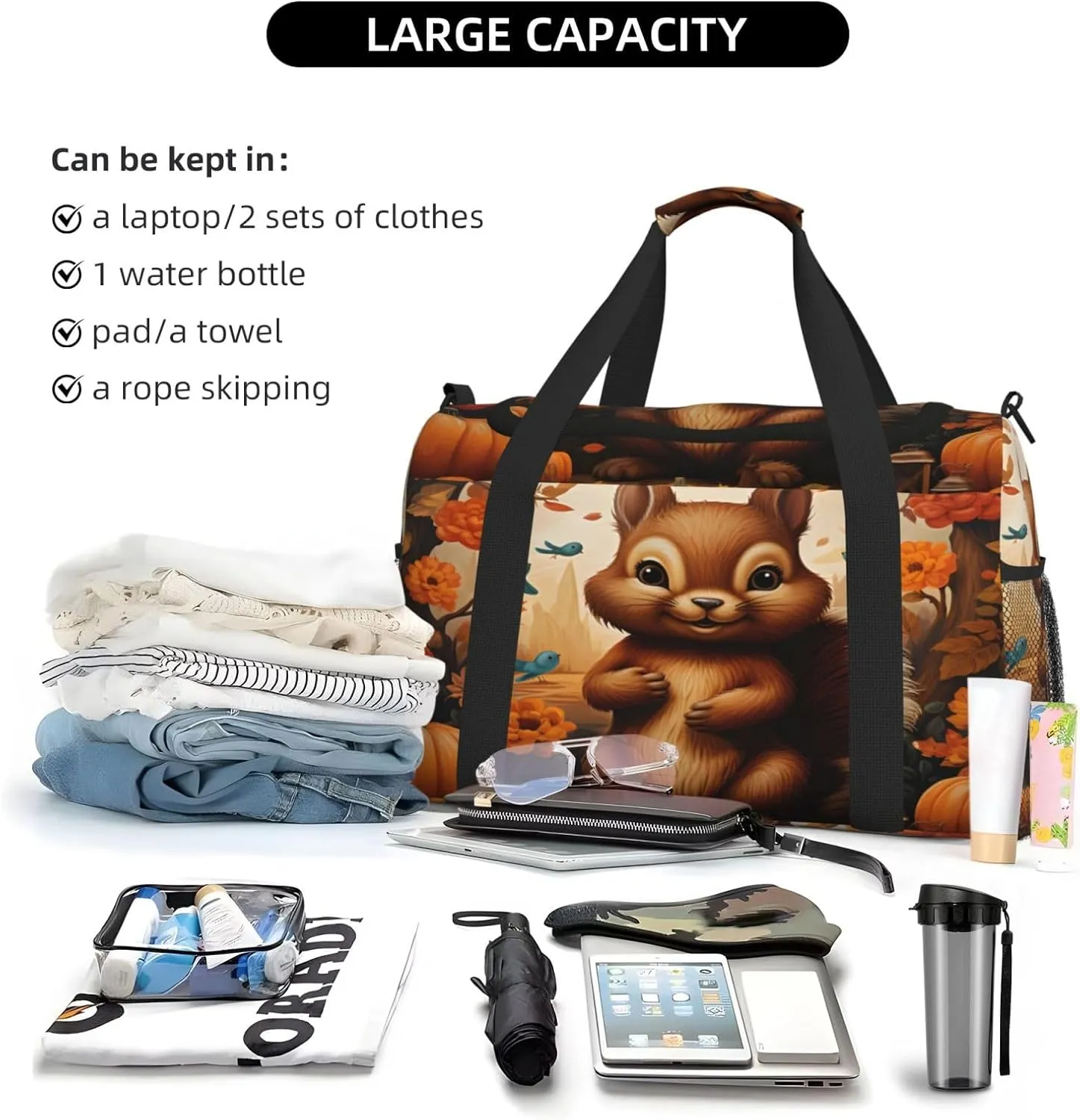 Travel Duffel Bag For Men Women, Autumn Pumpins Squirrel Animal Carry On Sport Gym Bag With Shoulder Strap Lightweight Waterproof Weekender Bag Overnight Bag