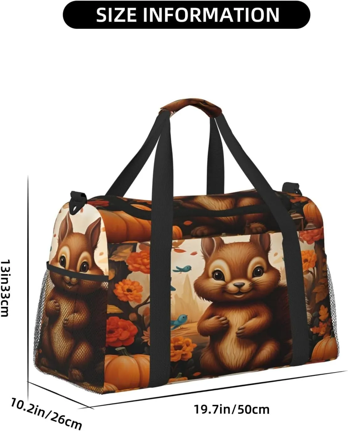Travel Duffel Bag For Men Women, Autumn Pumpins Squirrel Animal Carry On Sport Gym Bag With Shoulder Strap Lightweight Waterproof Weekender Bag Overnight Bag
