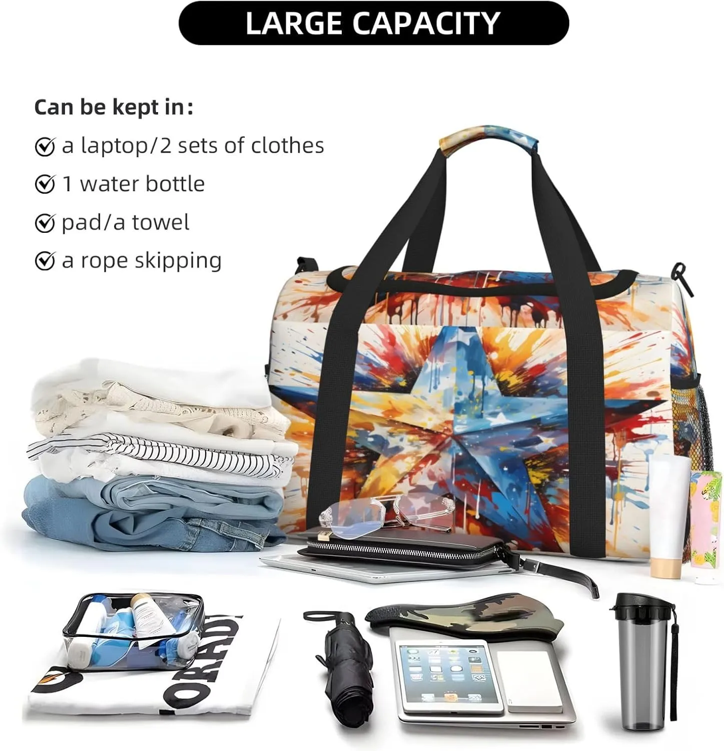 Travel Duffel Bag For Men Women, Blue Star Art Painting Carry On Sport Gym Bag With Shoulder Strap Lightweight Waterproof Weekender Bag Overnight Bag