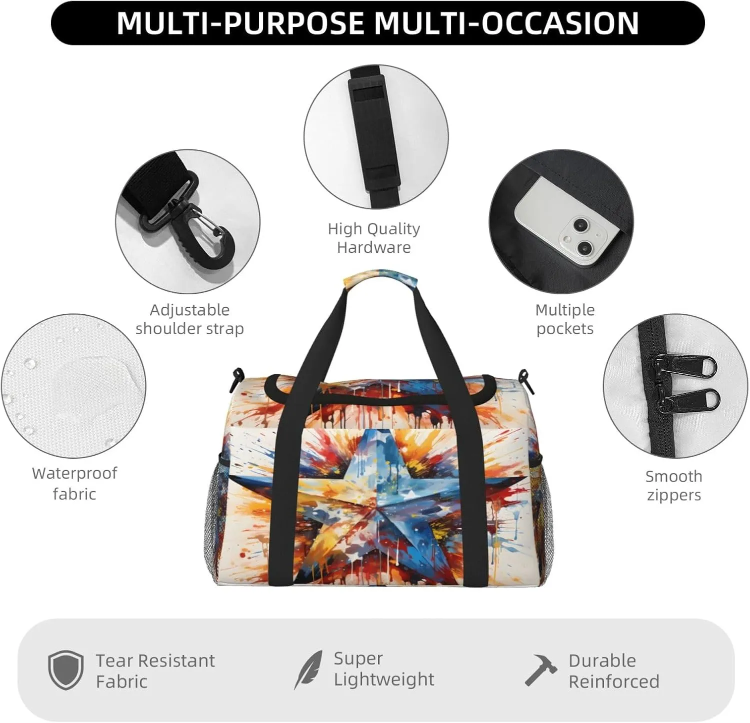 Travel Duffel Bag For Men Women, Blue Star Art Painting Carry On Sport Gym Bag With Shoulder Strap Lightweight Waterproof Weekender Bag Overnight Bag