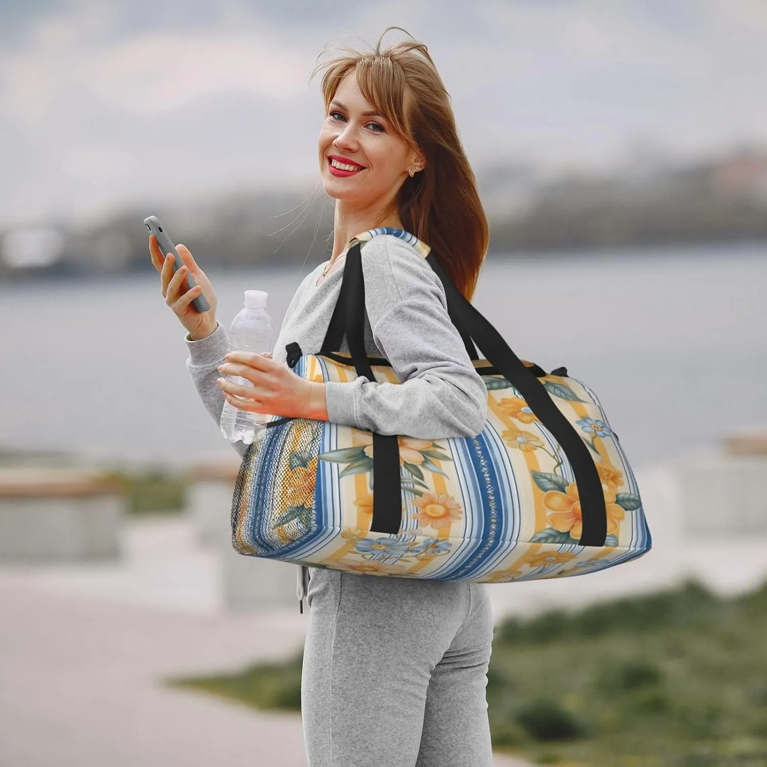 Travel Duffel Bag For Men Women, Blue Yellow Stripe Flower Carry On Sport Gym Bag With Shoulder Strap Lightweight Waterproof Weekender Bag Overnight Bag